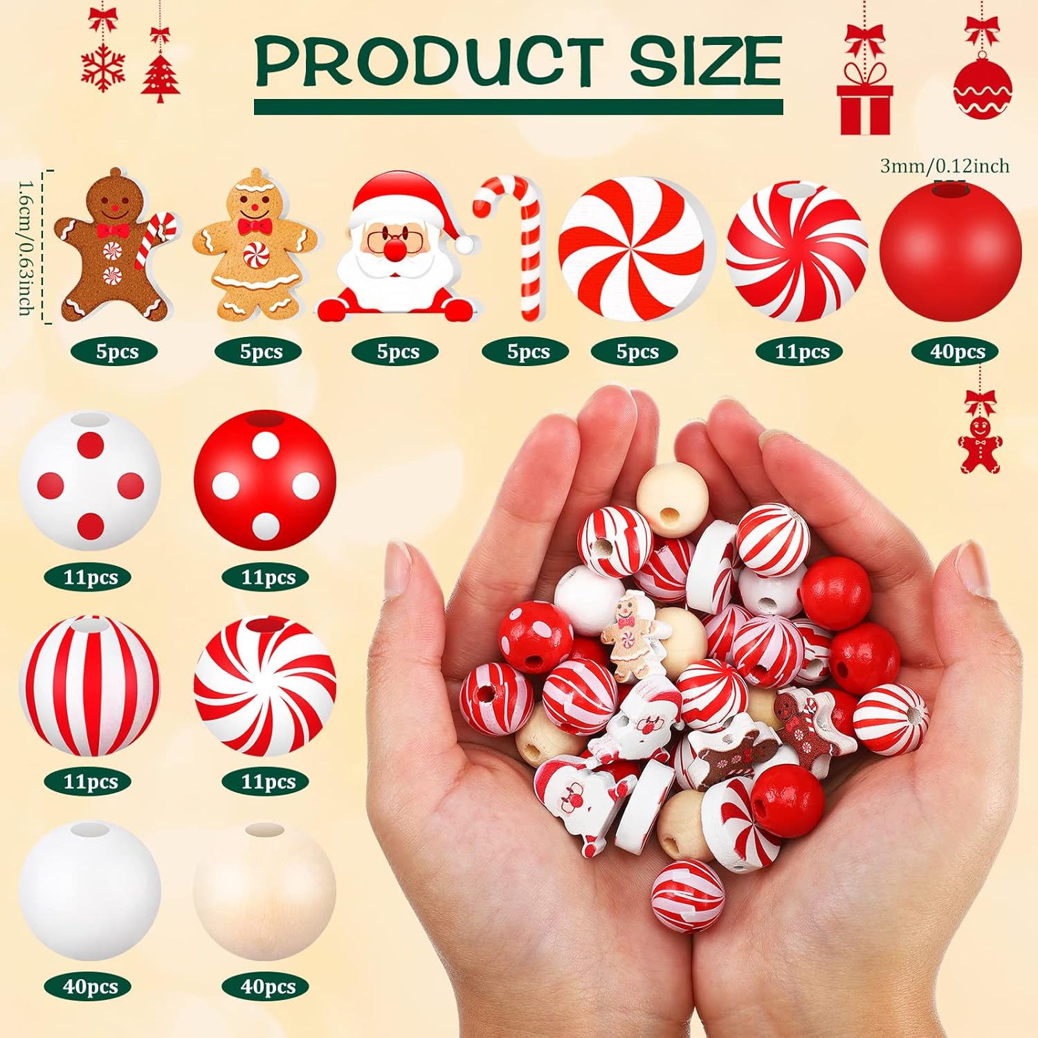 200 cuentas de madera y 4 recortes de bastón de caramelo y pan de jengibre para decoración de guirnaldas navideñas