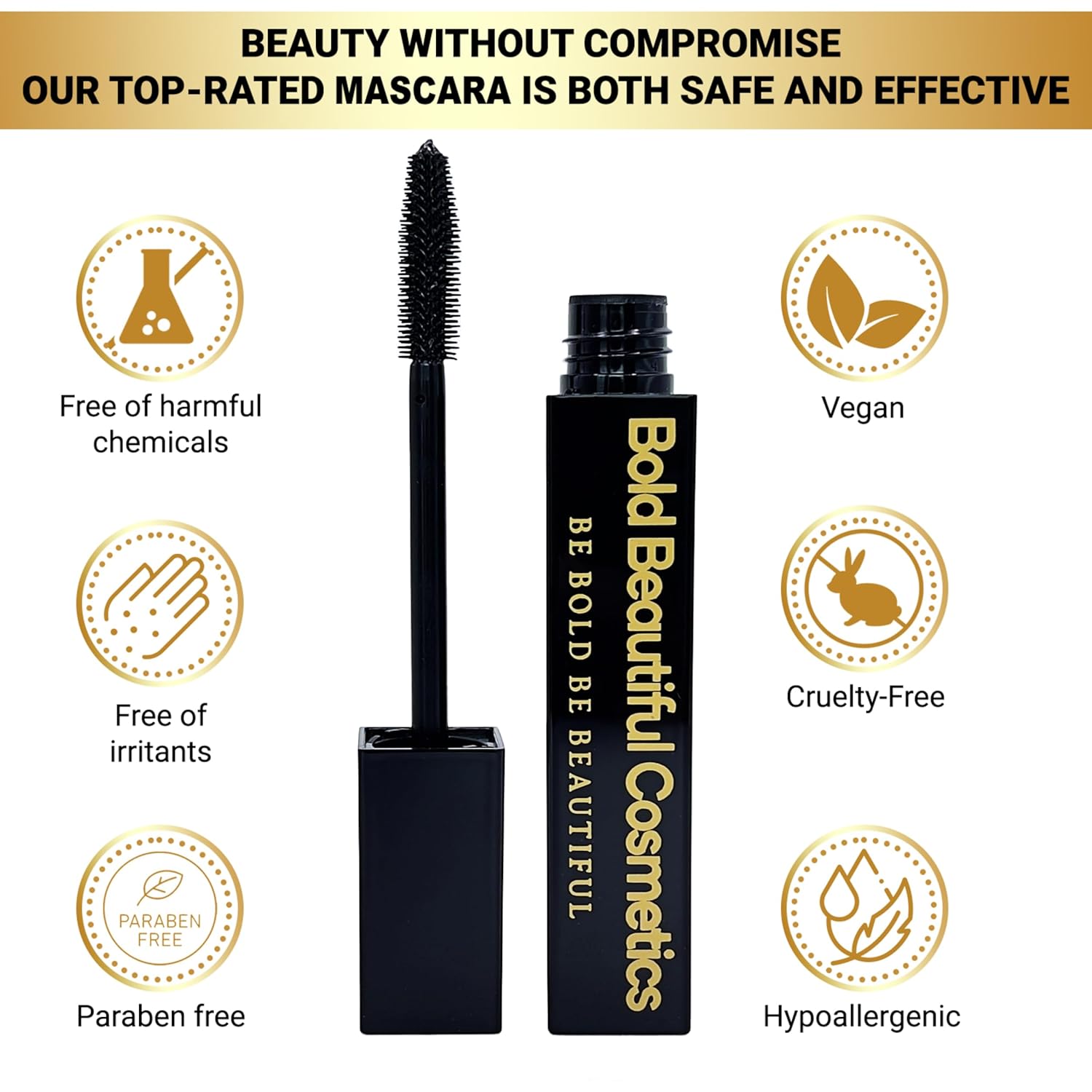 Máscara negra voluminizadora y alargadora de Bold Beautiful Cosmetics define y amplifica tus pestañas todo el día