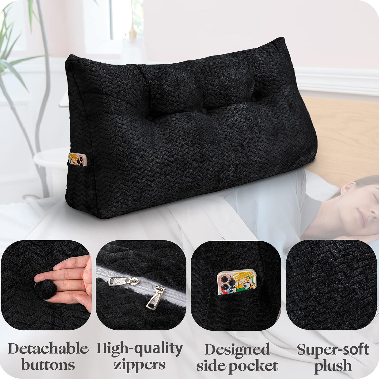 Cabecera triangular grande, respaldo de cuña y respaldo de posicionamiento, almohadas de lectura, almohadas de cuña para cama de día con funda