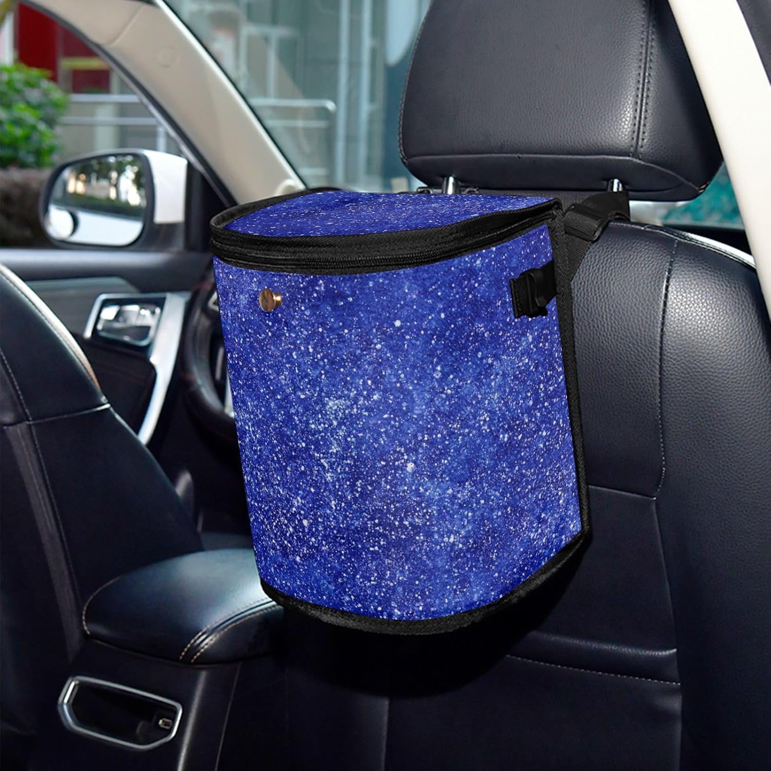 Kigai Basurero impermeable para automóvil con tapa, cubo de basura azul con purpurina con correa ajustable, organizador multiusos para auto y bolsa