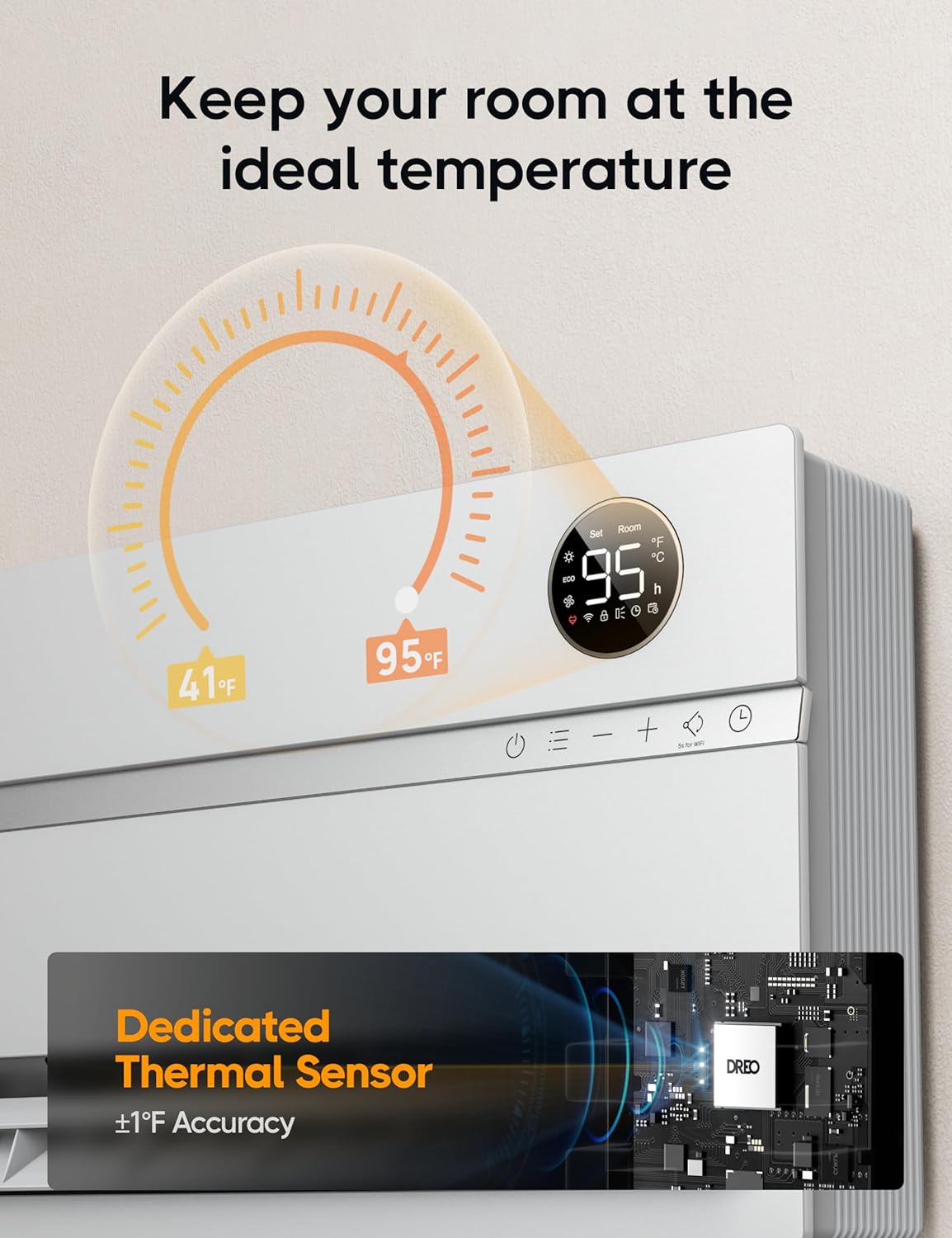 Dreo Calentador de pared inteligente, calentador eléctrico para dormitorio de 1500 W, oscilación vertical de 120, termostato ajustable, control