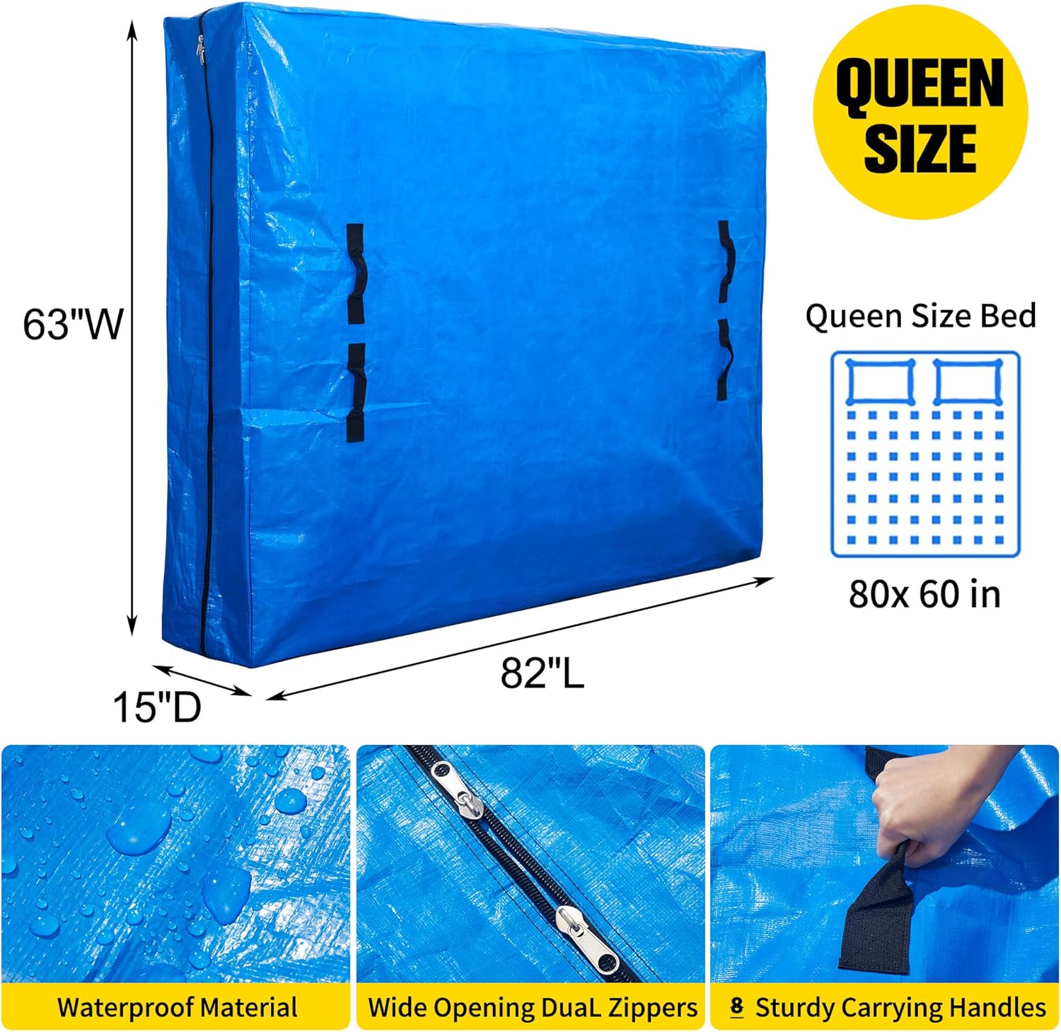 Funda de colchón para mudanzas tamaño Queen, paquete de 2, bolsa de colchón para mudanza y almacenamiento con 8 asas, cierre de cremallera doble,