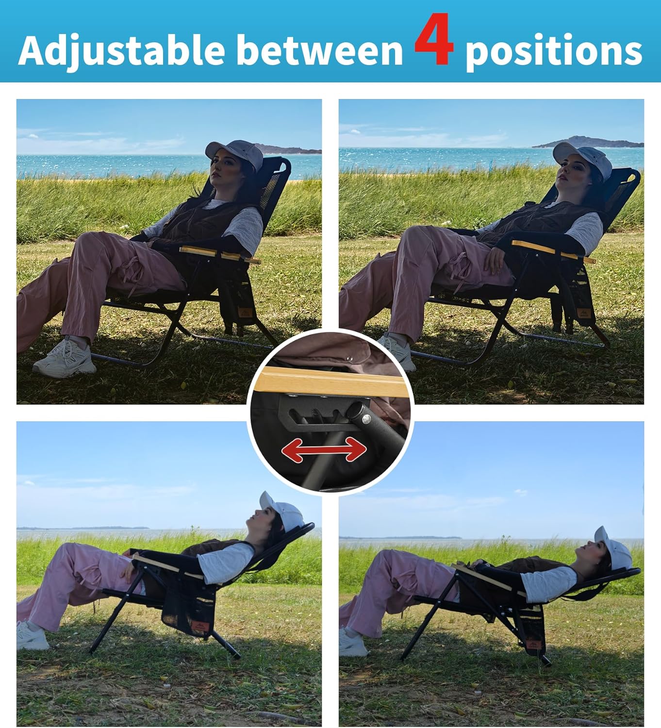 Silla de playa, silla compacta de 4 posiciones ajustables, silla plegable portátil, silla de camping con bolsillo lateral, reposacabezas, soporte