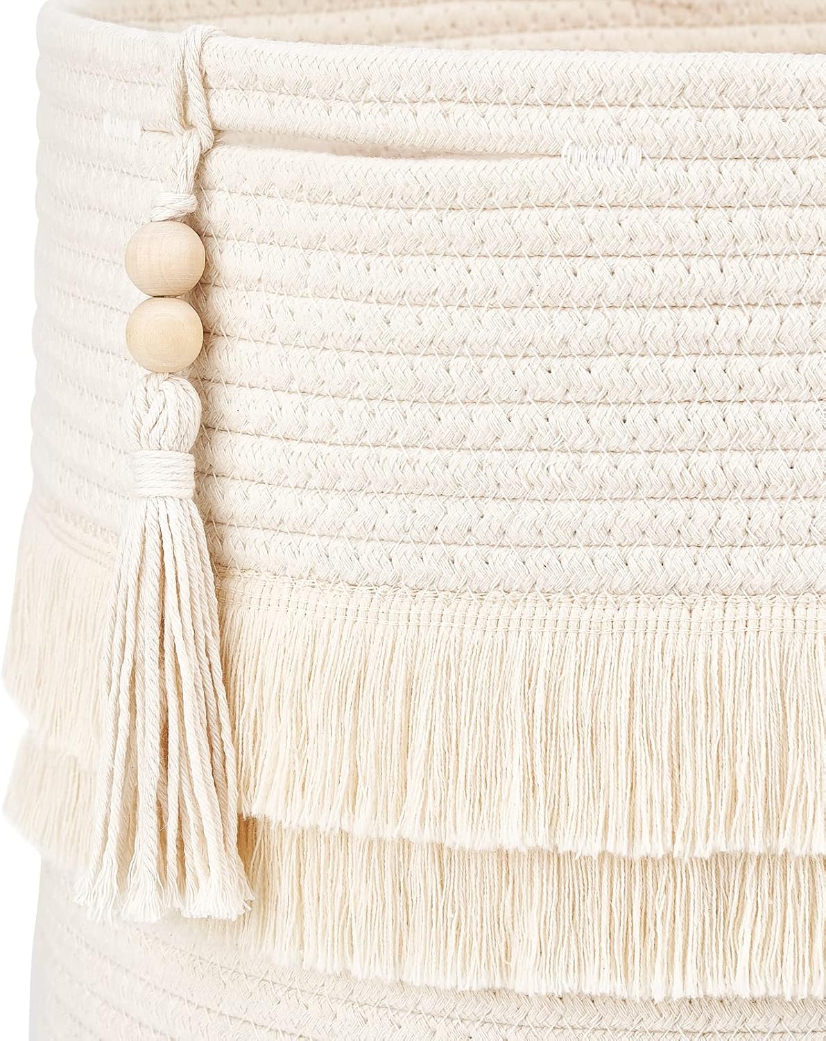 Dahey Cesta decorativa de macramé de cuerda de algodón, decoración bohemia para guardería, pequeña y bonita borla tejida con cuentas de madera para