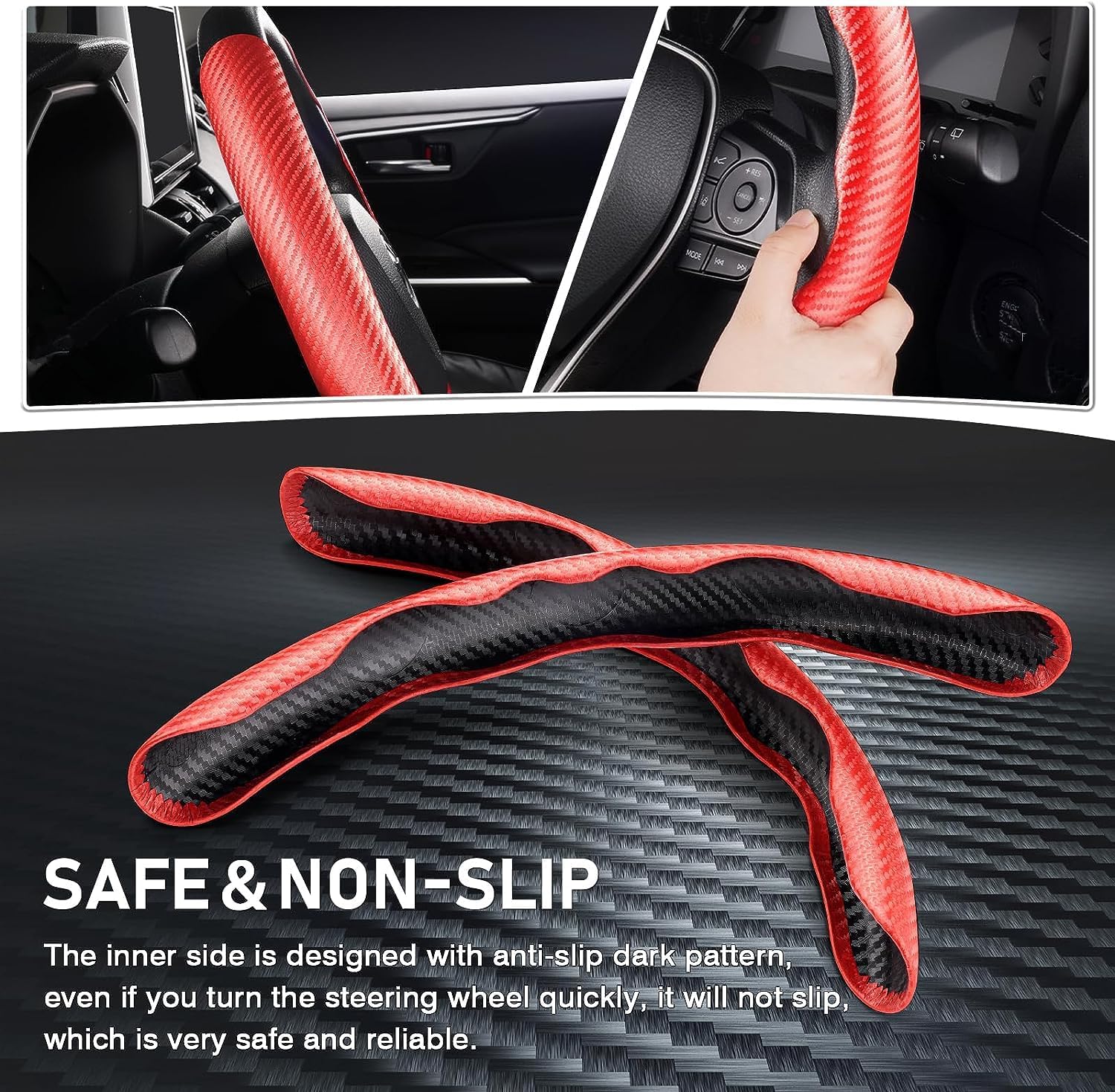 Funda para volante, funda de fibra de carbono para volante de automóvil, cubierta roja para volante. Agarre antideslizante, cómodo, duradero y fácil