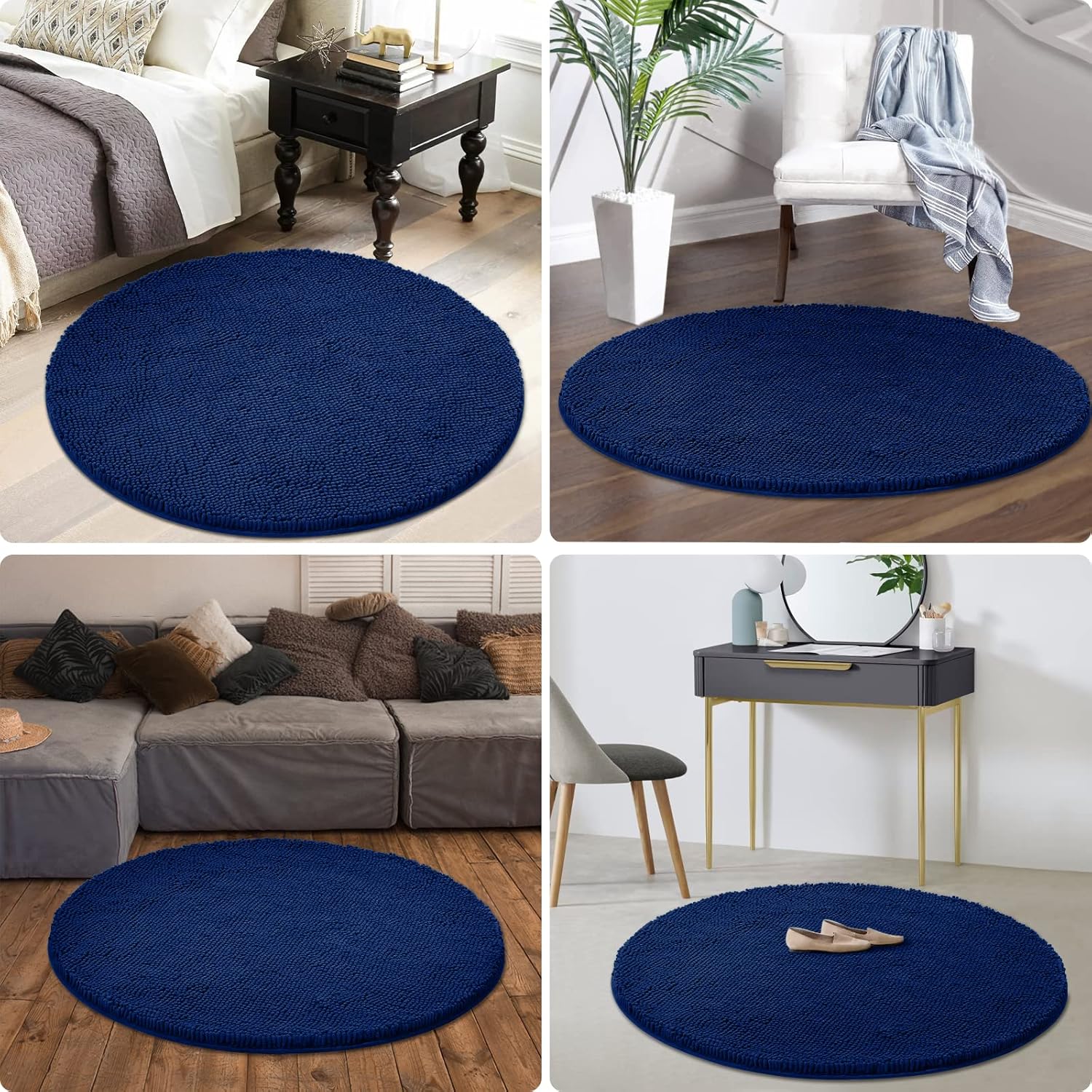 HOMEIDEAS Alfombra de baño redonda, felpilla de lujo, extra suave y absorbente, antideslizante, lavable a máquina (azul marino, 3 pies)