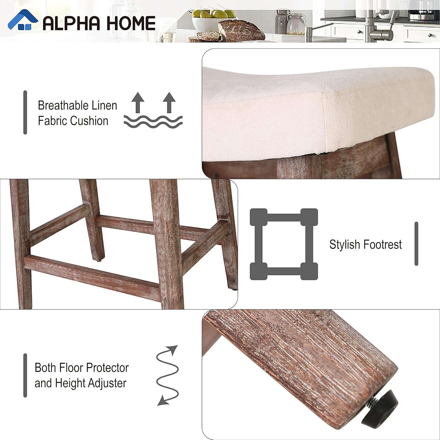 ALPHA HOME Juego de 3 taburetes de bar, taburetes de cocina de madera maciza con cojín de tela de lino beige, taburetes de bar de altura de