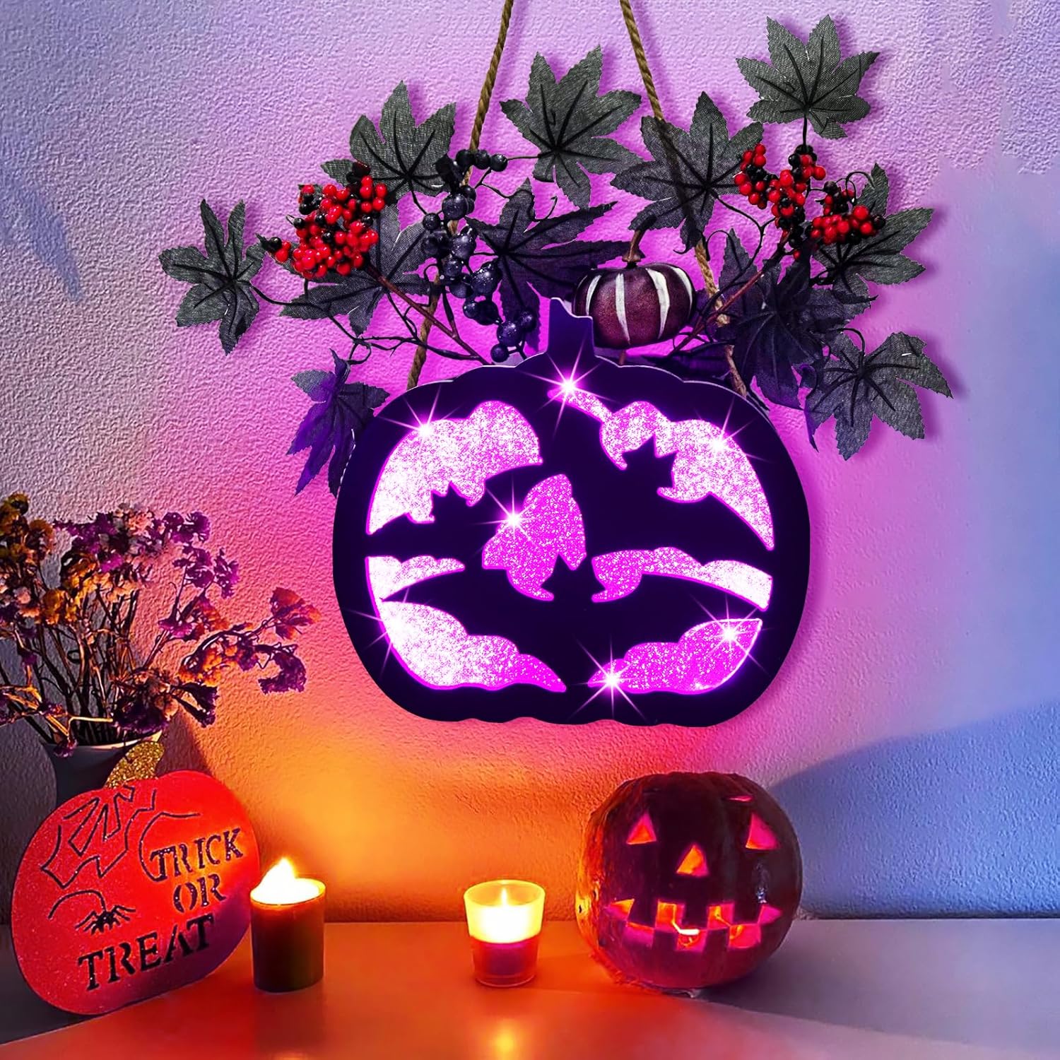 Ruidazon Prelit – Letrero de corona de Halloween iluminado artificial para puerta delantera, funciona con pilas, letrero colgante de Halloween con