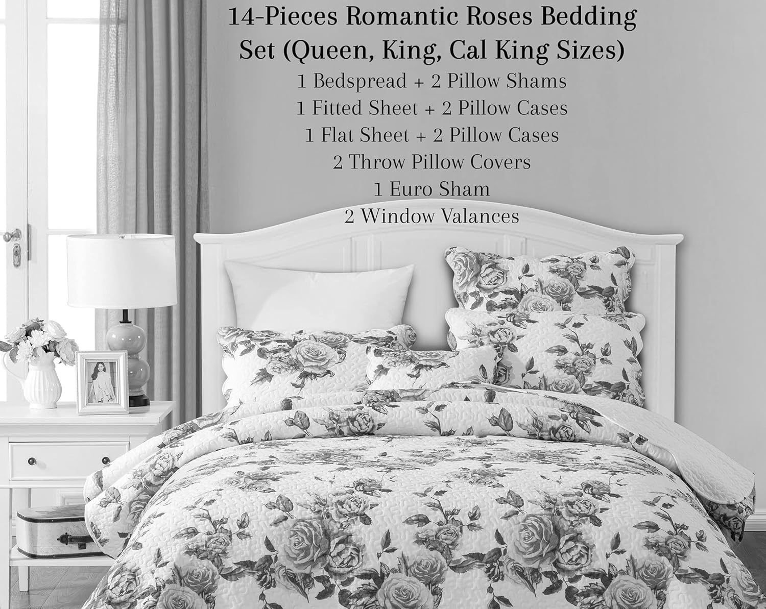 DaDalogy Bedding – Juego de cama floral de 14 piezas en una bolsa, diseño de rosas románticas, juego de sábanas bajeras y encimeras con funda de