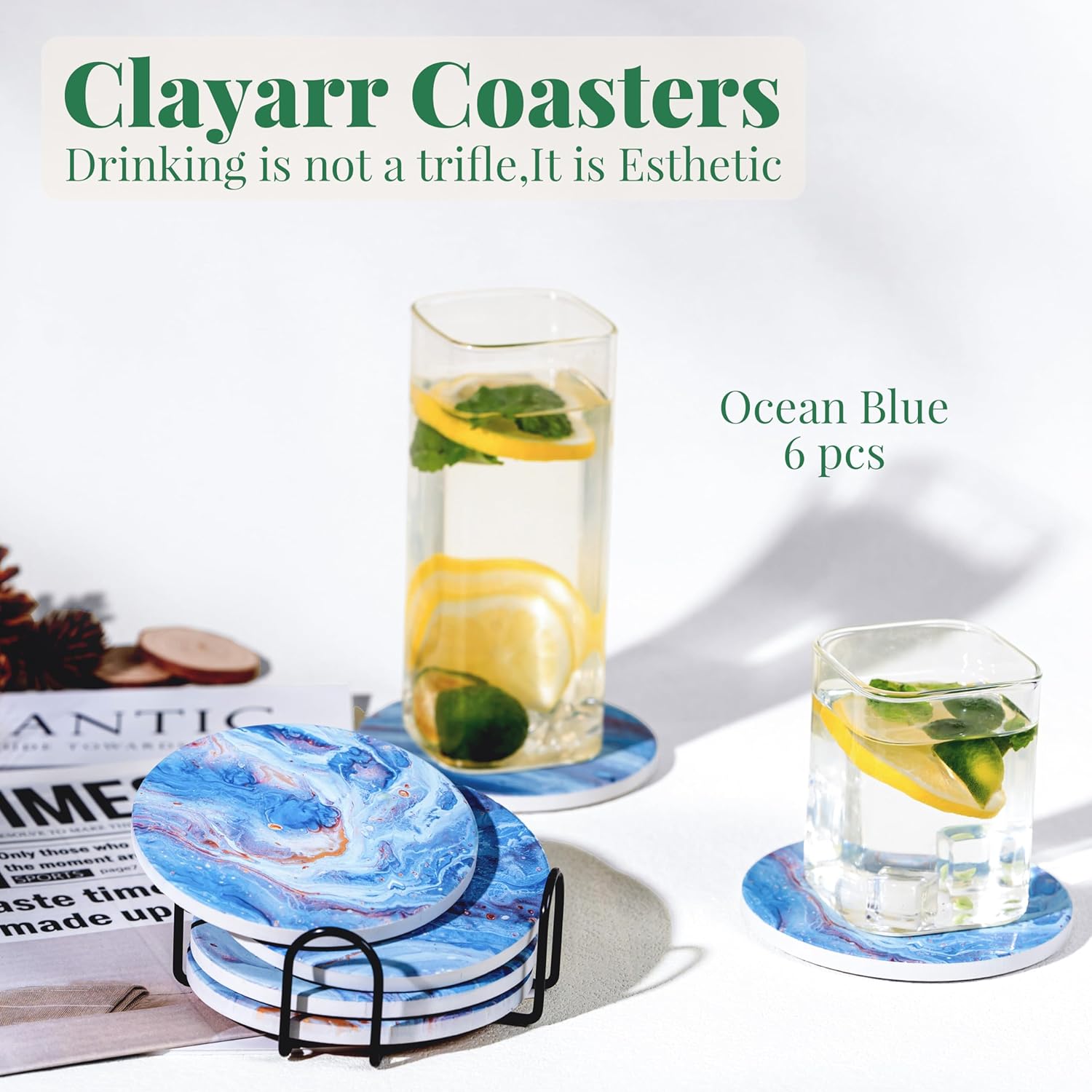 Posavasos para bebidas con base de corcho, posavasos absorbentes de piedra cerámica para sostener tazas, tazas o vasos, decoración del hogar estilo