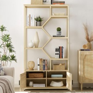 Estantería y estantería de granja con armario de almacenamiento y puerta, estantes de almacenamiento de 7 niveles, estante de madera de ratán de 76 Estantería y estantería de granja con armario de almacenamiento y puerta, estantes de almacenamiento de 7 niveles, estante de madera de ratán de 76