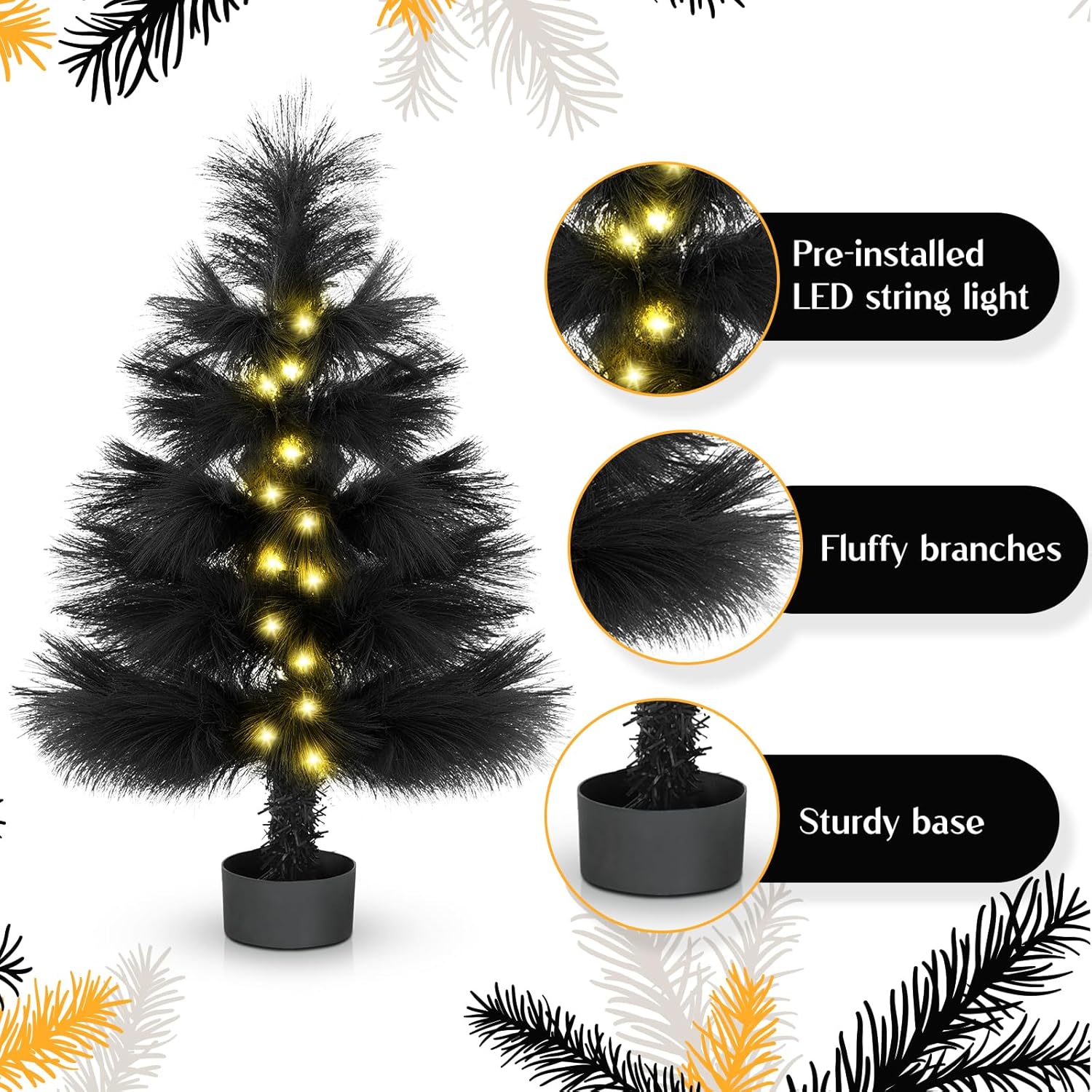 MACTING Mini árbol de Navidad negro con luces, árbol de mesa artificial de 2 pies, funciona con pilas para decoración del hogar, invierno,
