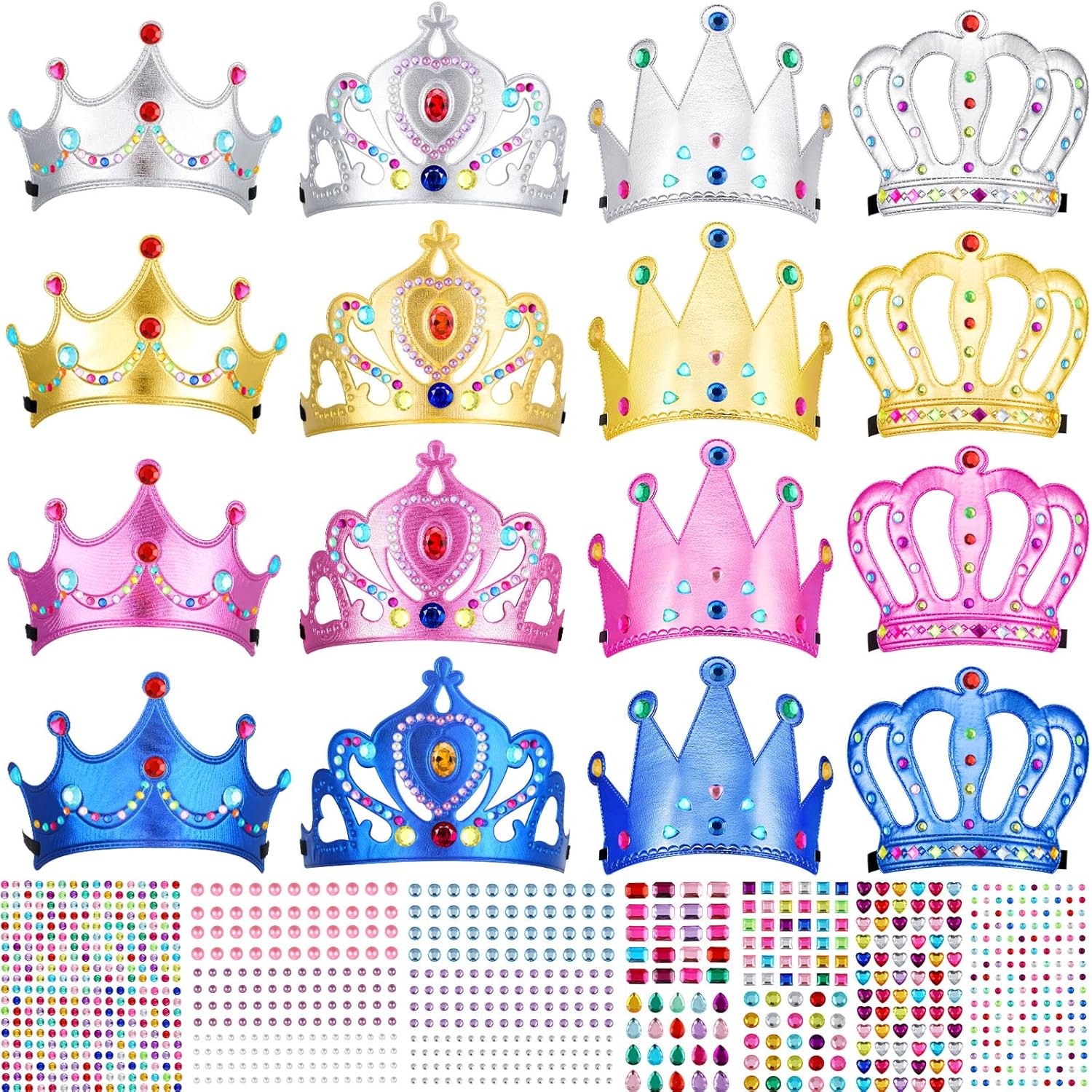 Epakh Juego de 27 coronas de fiesta de princesa, 16 piezas de coronas de princesa con 11 calcomanías de diamante, suministros de fiesta de princesa
