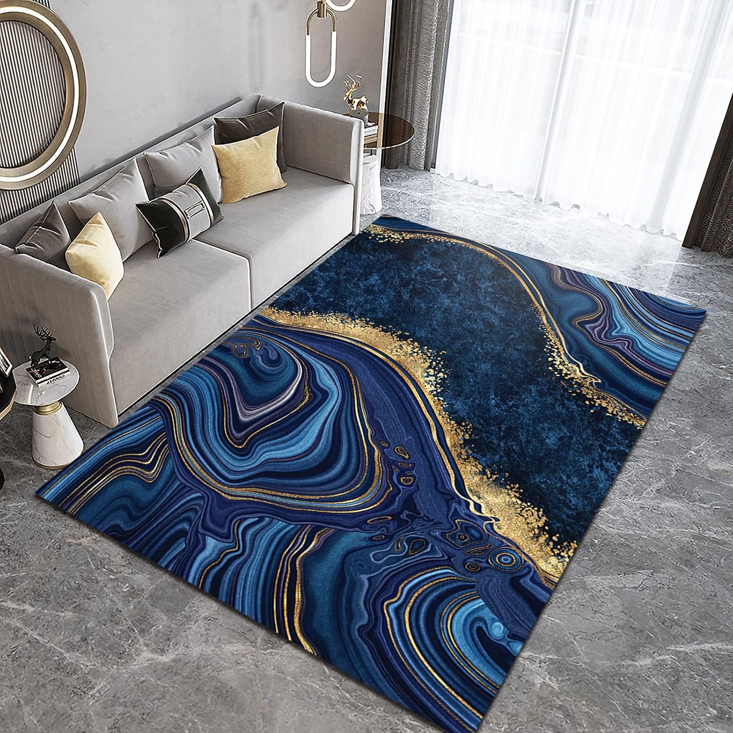 QINYUN Alfombra moderna y ligera de estilo de lujo, alfombra decorativa abstracta azul dorada, alfombra para interiores de gran área de pelo bajo,