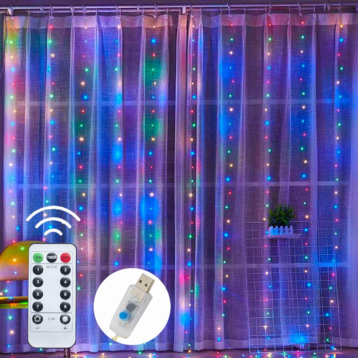 Dazzle Bright Guirnalda de luces para cortina de ventana, 300 LED de 9.8 x 9.8 pies, luces de hadas multicolor con 8 modos de iluminación, luces