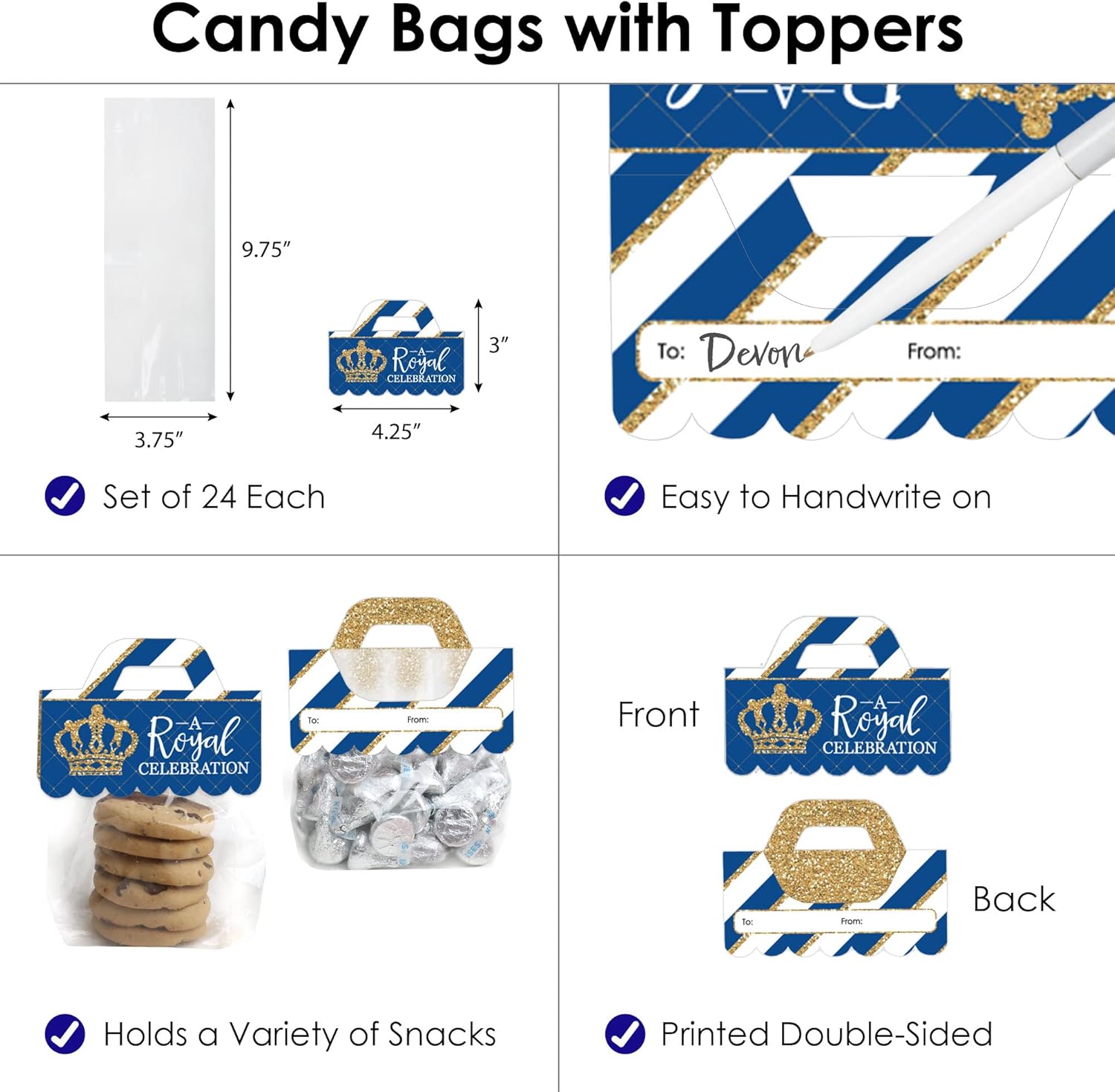 Big Dot of Happiness Royal Prince Charming – Etiquetas transparentes para bolsas de regalo para baby shower o fiesta de cumpleaños, bolsas de dulces