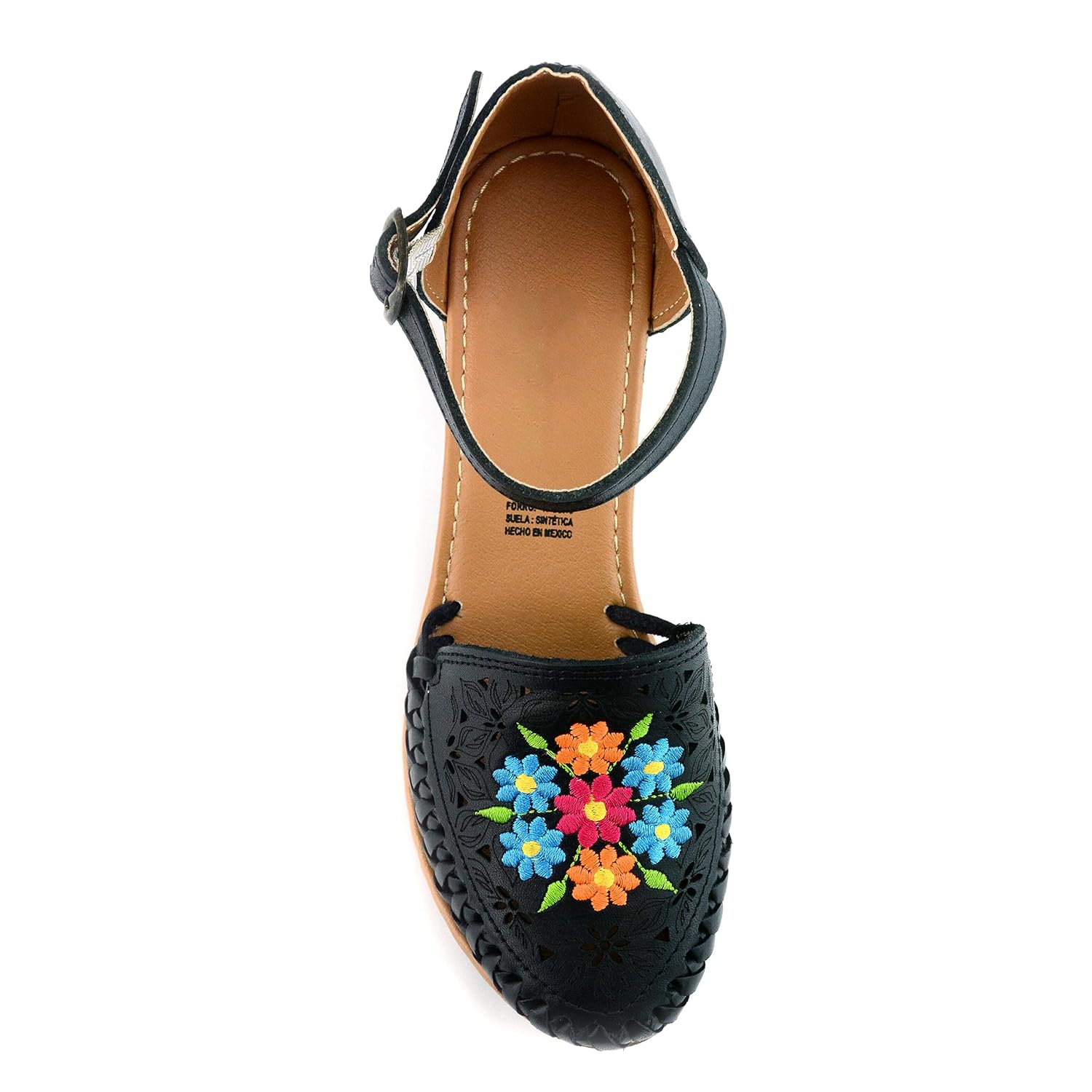Mexican Leather Shoes with Embroidered Flowers, with heels for Women – Model 102BL (7, Black)