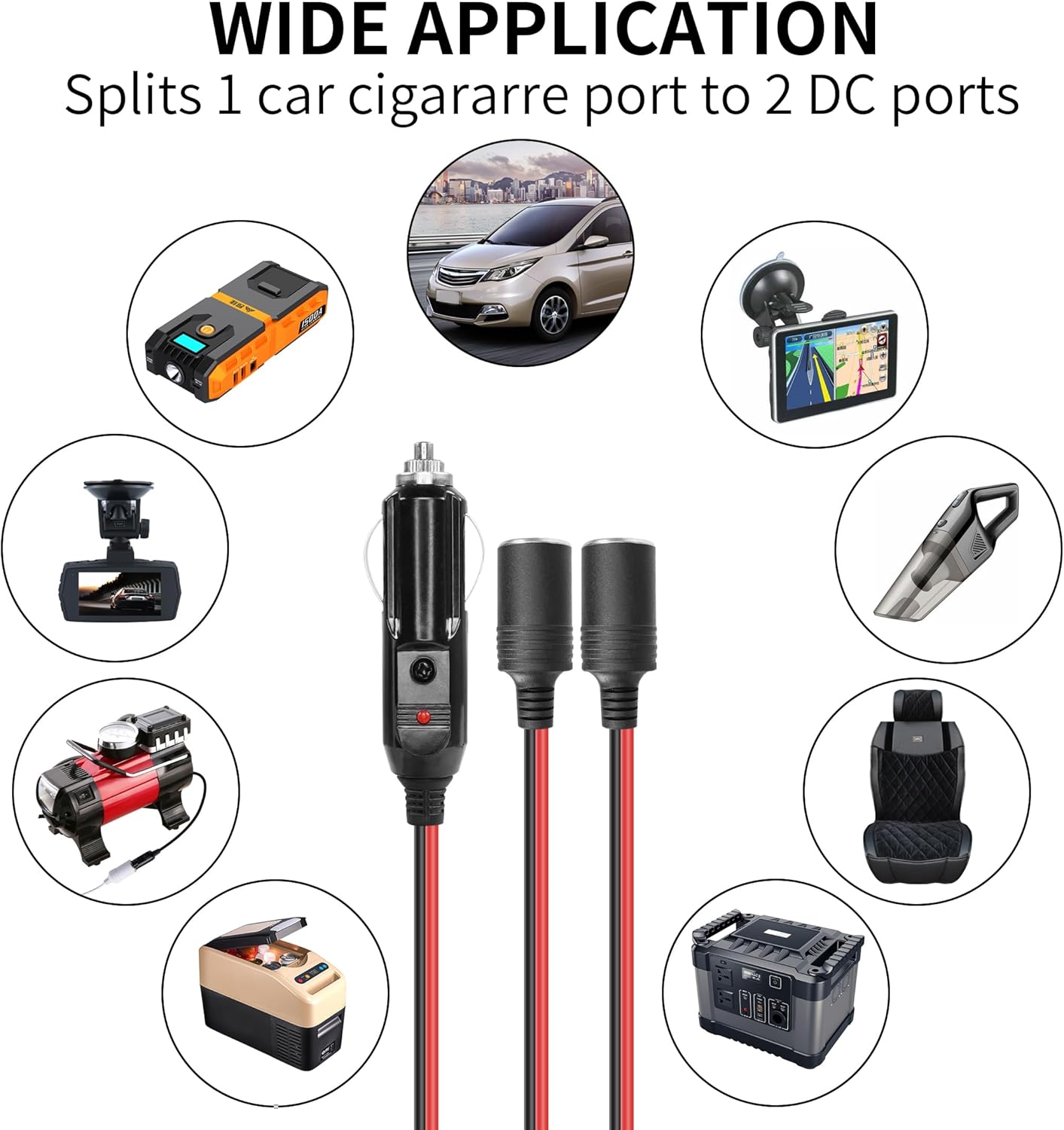 Cable divisor en Y para encendedor de cigarrillos para automóvil, YACSEJAO 14 AWG 2 pies, 12 V24 V, 1 a 2, cable de extensión de 2 vías