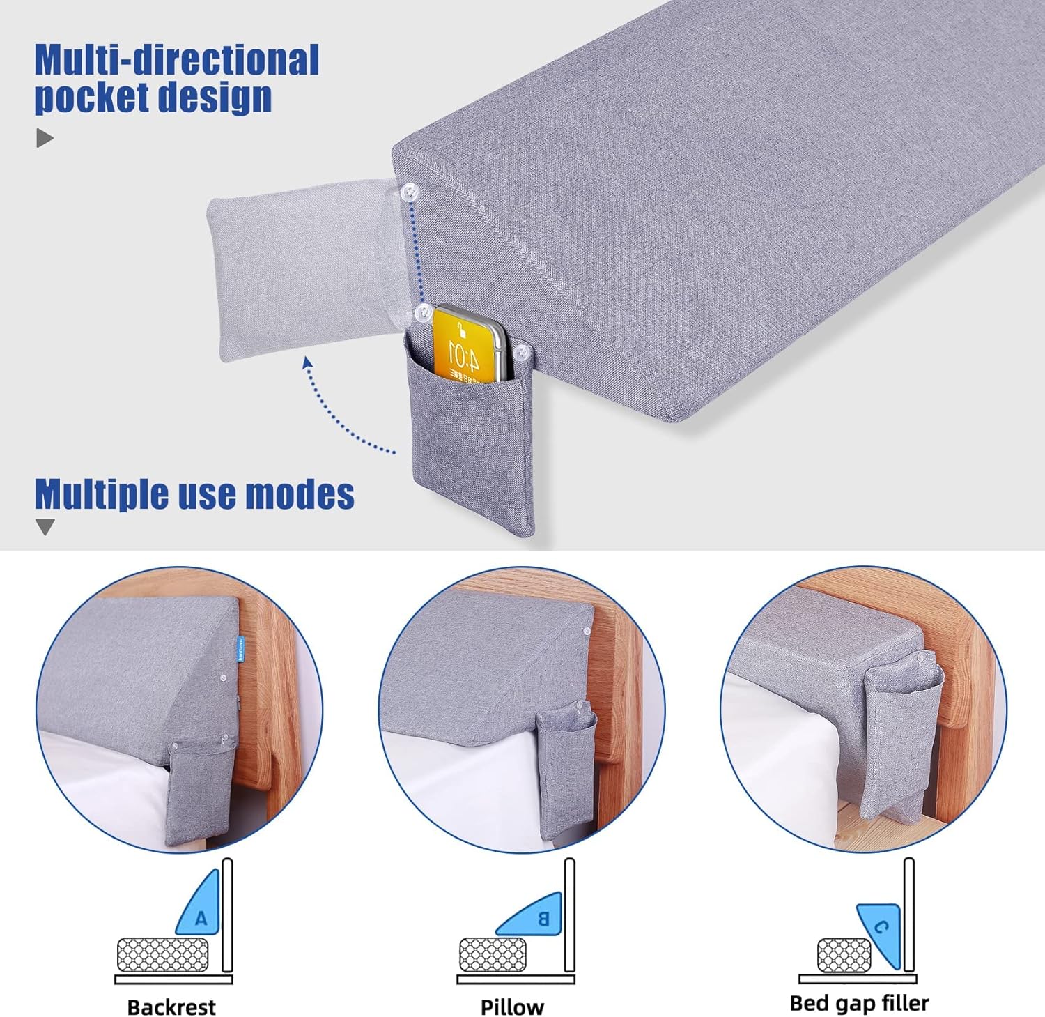 banflower Almohada de cuña de cama para cabecero, almohada multiusos para relleno de huecos de cama (0-6 pulgadas) entre colchón y cabecera o pared