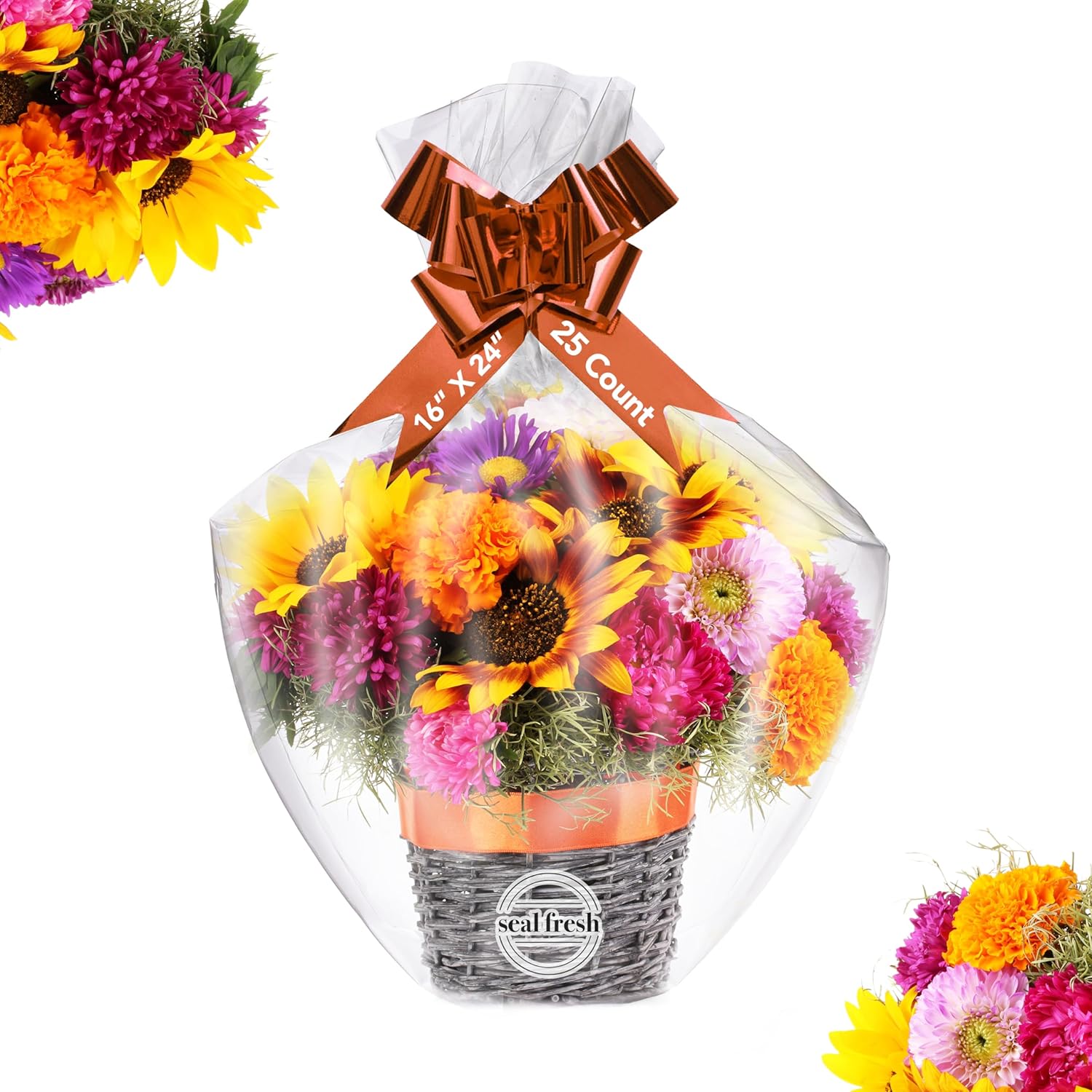 Seal Fresh Bolsas de celofán extra grandes (cinta y cesta no incluidas)  16 x 24 pulgadas (25 unidades)  Bolsas de envoltura de cesta transparente,
