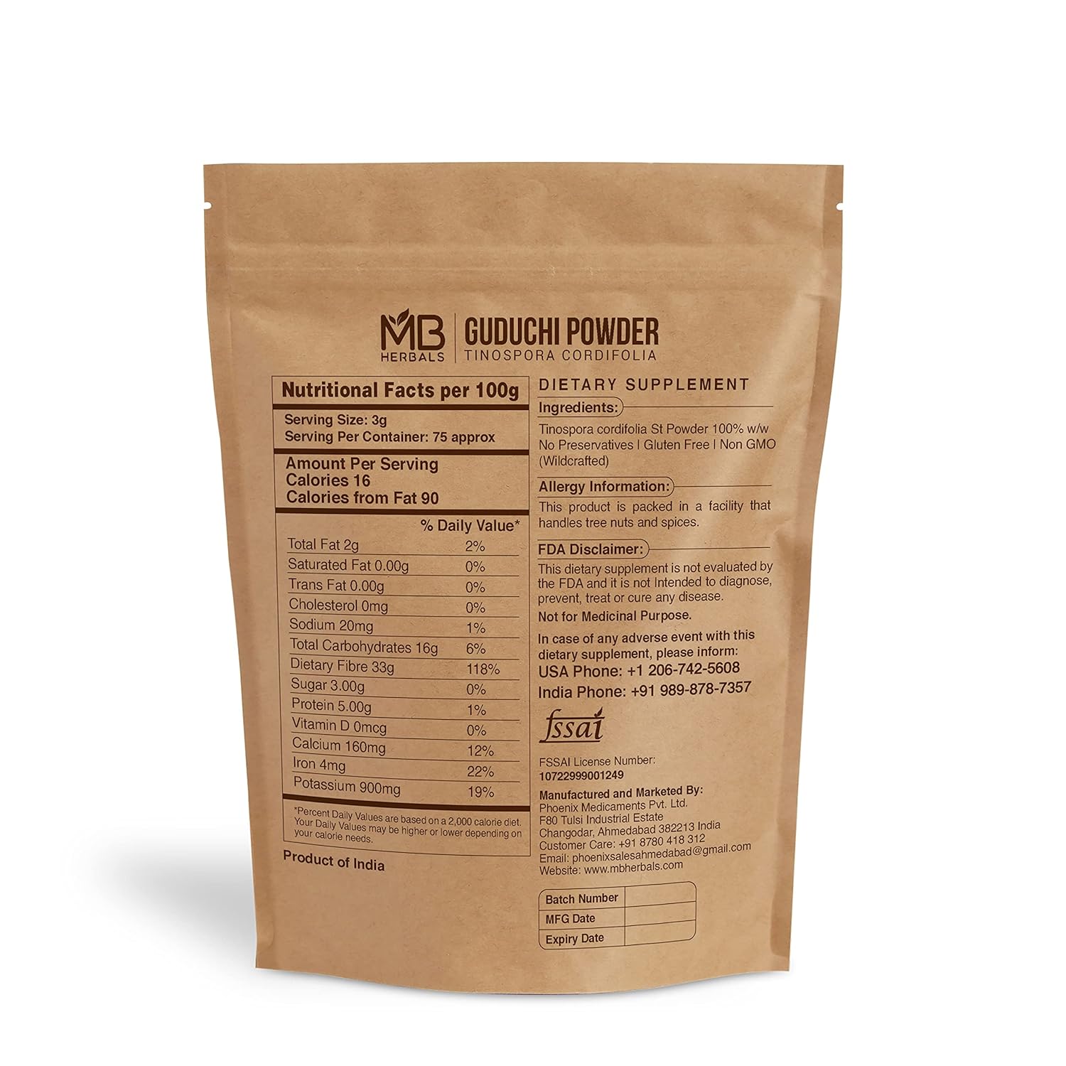 MB Herbals Polvo de Guduchi de 8 onzas  0.5 libras (8.01 oz)  Polvo de Guduchi orgánico silvestre  Neem-Giloy  Procesado a partir de los tallos de