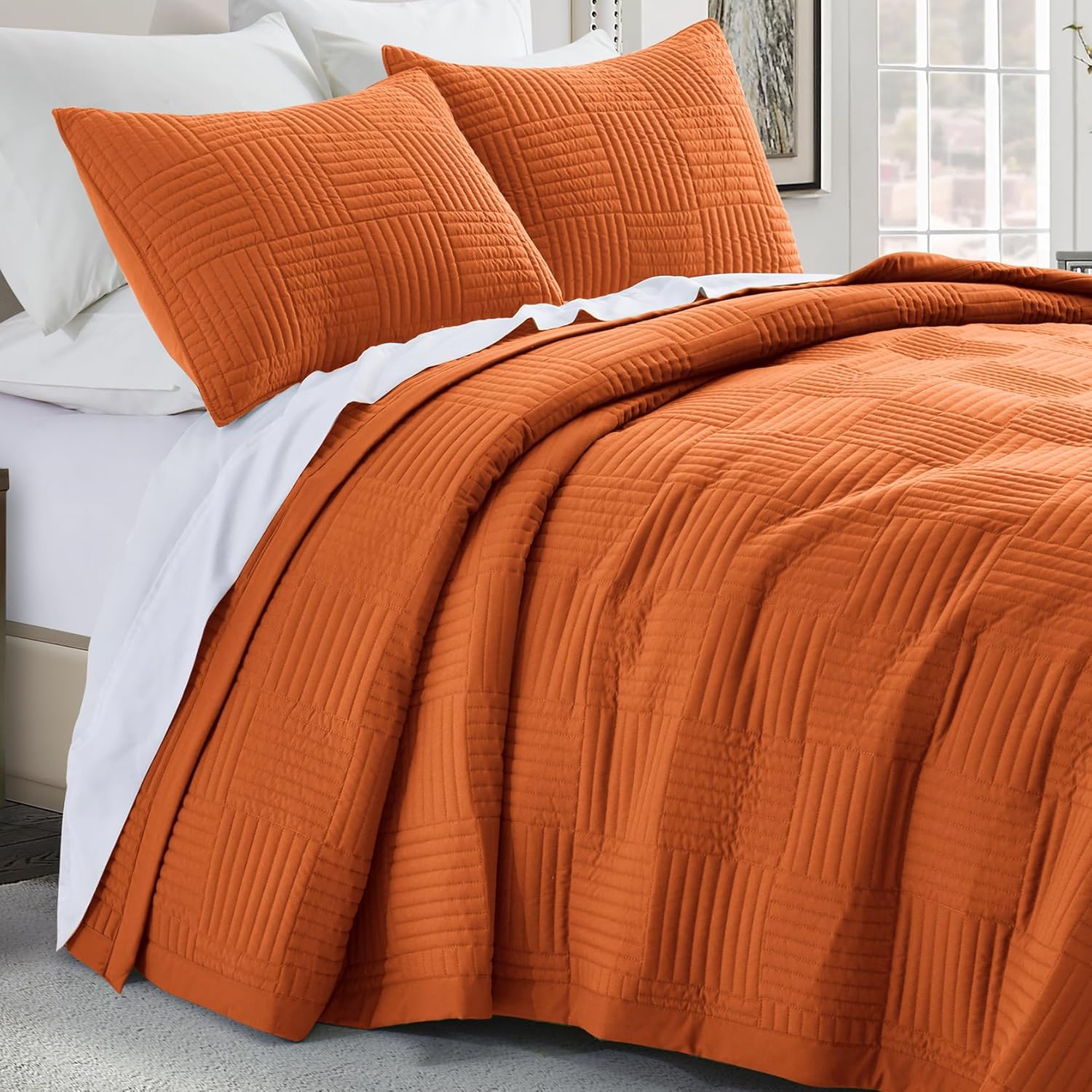 Lavsiry Juego de edredón naranja quemado, tamaño individual, colcha ligera de verano con patrón cuadrado, juego de ropa de cama de microfibra suave