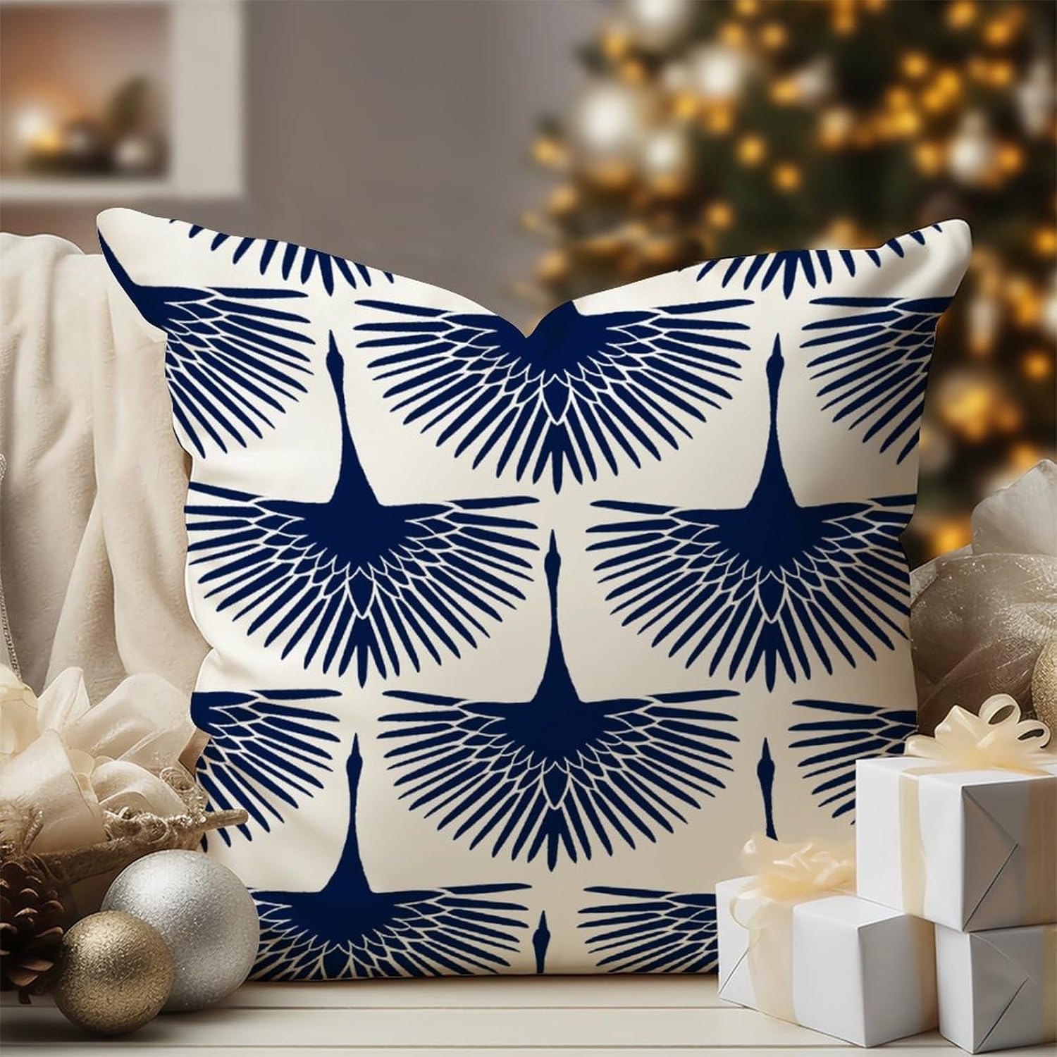 Fundas de cojín estilo asiático chinoiserie azul marino cisne decoración del hogar, fundas de almohada de lino de lino con pájaro elegante azul