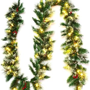 Goplus Guirnalda de Navidad preiluminada de 9 pies, ratán de pino artificial de Navidad con temporizador, 50 luces LED y bayas rojas, ideal para Goplus Guirnalda de Navidad preiluminada de 9 pies, ratán de pino artificial de Navidad con temporizador, 50 luces LED y bayas rojas, ideal para