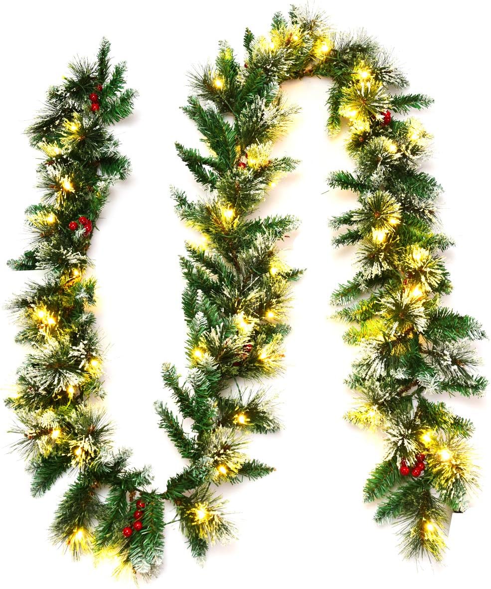 Goplus Guirnalda de Navidad preiluminada de 9 pies, ratán de pino artificial de Navidad con temporizador, 50 luces LED y bayas rojas, ideal para