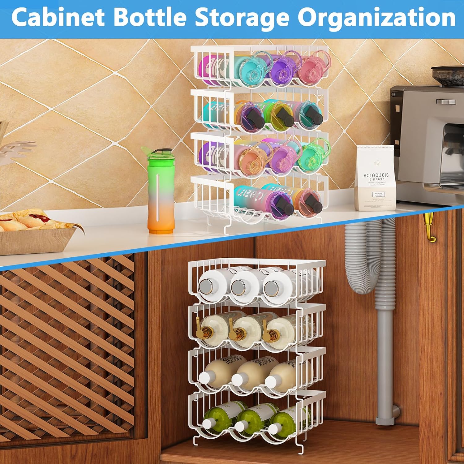 Paquete de 4 organizadores apilables para botellas de agua para gabinete. Soporte para botellas de agua para cocina, refrigerador y despensa,