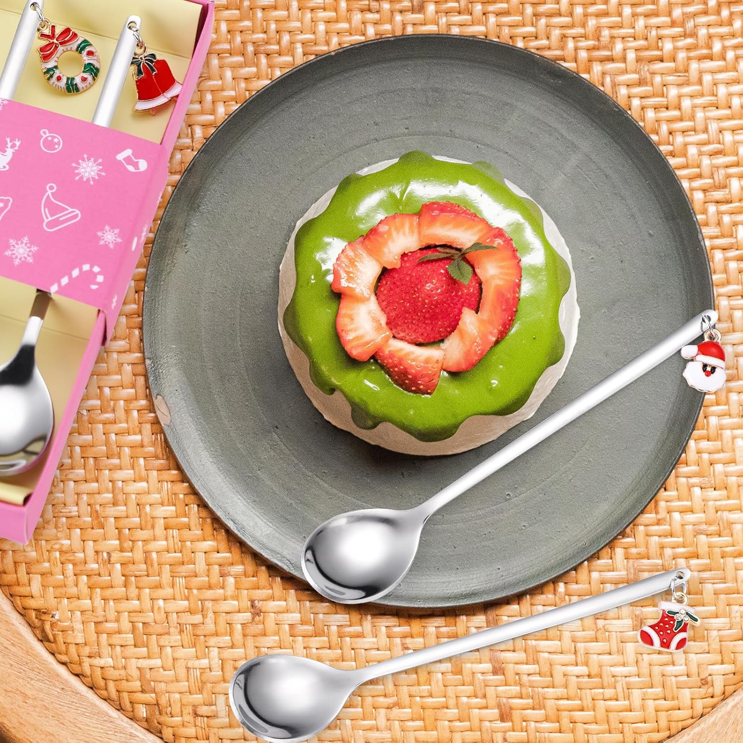 Cucharas de postre, cubiertos plateados de acero inoxidable de Navidad, 6 piezas con caja de regalo de Navidad, perfectos para fiestas de café y