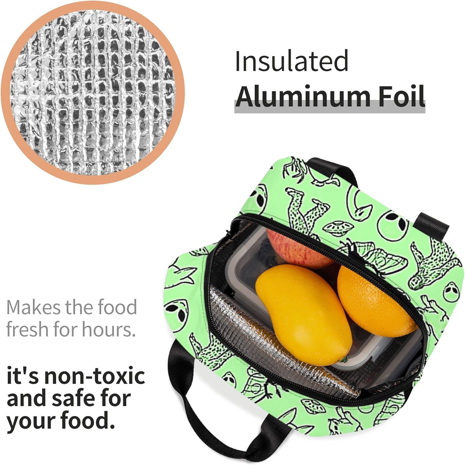 Bolsa de almuerzo portátil para alienígenas, dinosaurios salvajes, verde, aislada, a prueba de fugas, compras de comestibles, campamento, viajes por