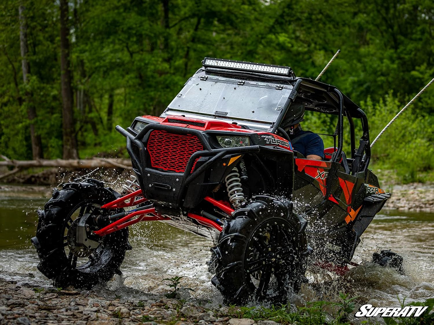 SuperATV (2) Brazos A de baja holgura alta para Polaris RZR XP TurboXP 4 Turbo 2016-2021  No ajustable  Rojo  Rótulas de servicio estándar  Tubo de