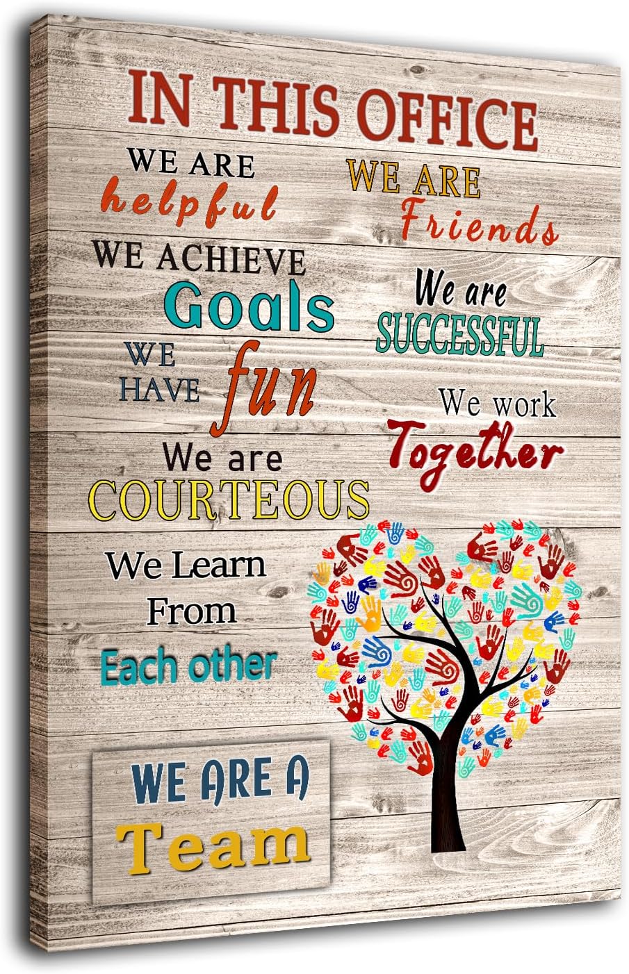 WHAOMIOT Póster inspirador para pared, decoración de pared positiva de oficina, lienzo impreso con texto en inglés In This Office We Are A Team, las