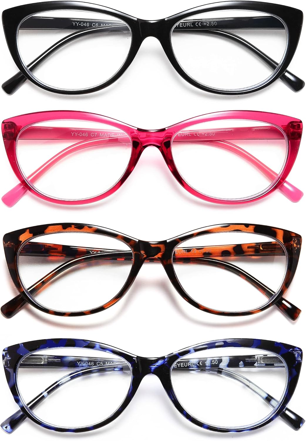 EYEURL Paquete de 4 lentes de lectura de ojo de gato para mujer, lentes de lectura con bloqueo de luz azul, ligeras, bisagra de resorte, antifatiga
