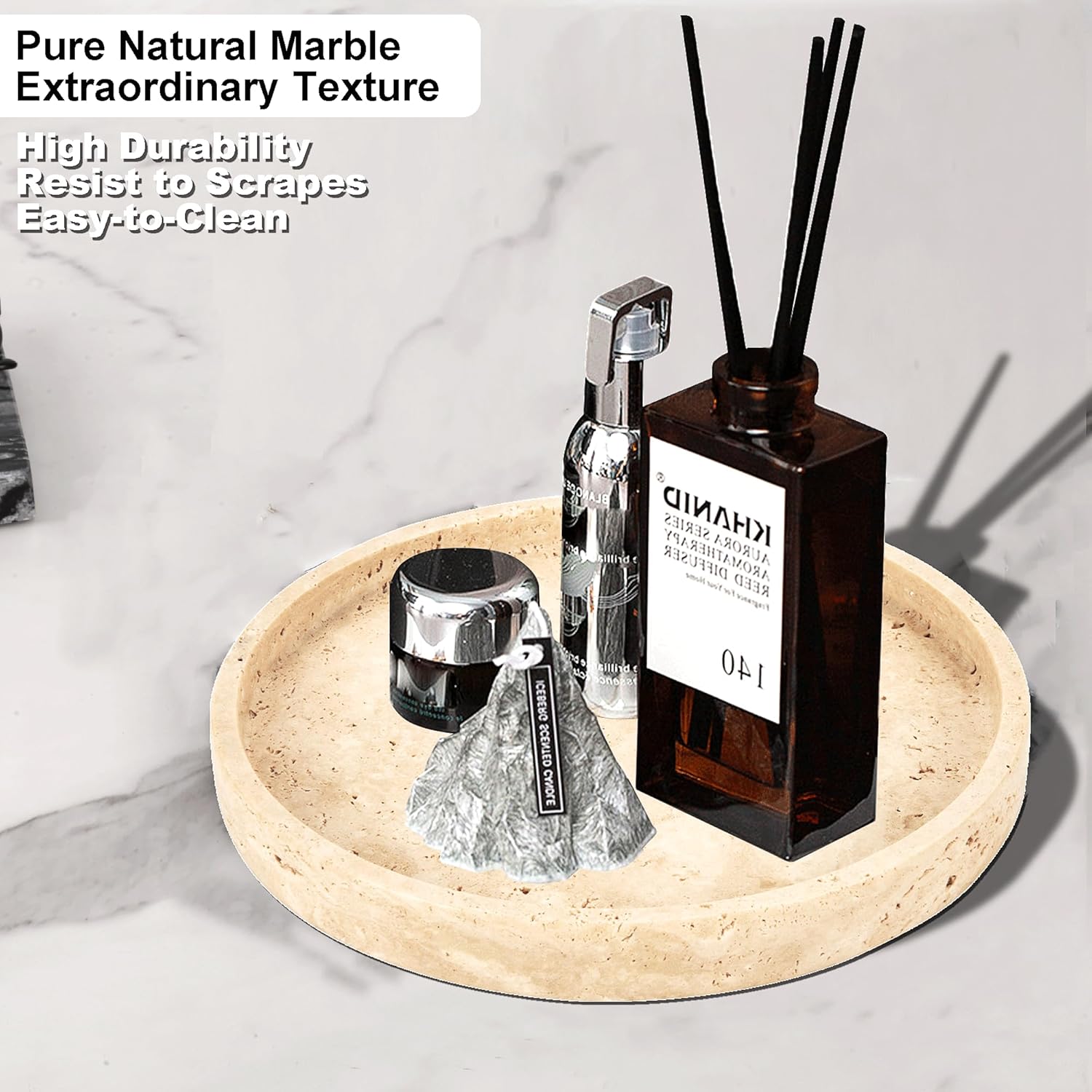 WORHE Bandeja de tocador de travertino natural para baño, tocador, mostrador, decoración del hogar, bandeja decorativa redonda de mármol para velas,