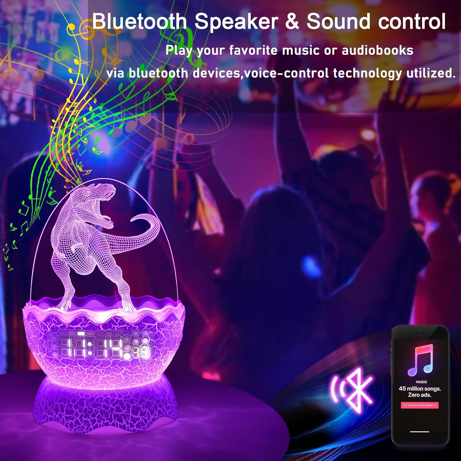 Luces nocturnas musicales de dinosaurio, reloj despertador de huevo de dinosaurio para niños, altavoz Bluetooth y ruido blanco Mahine para bebé,