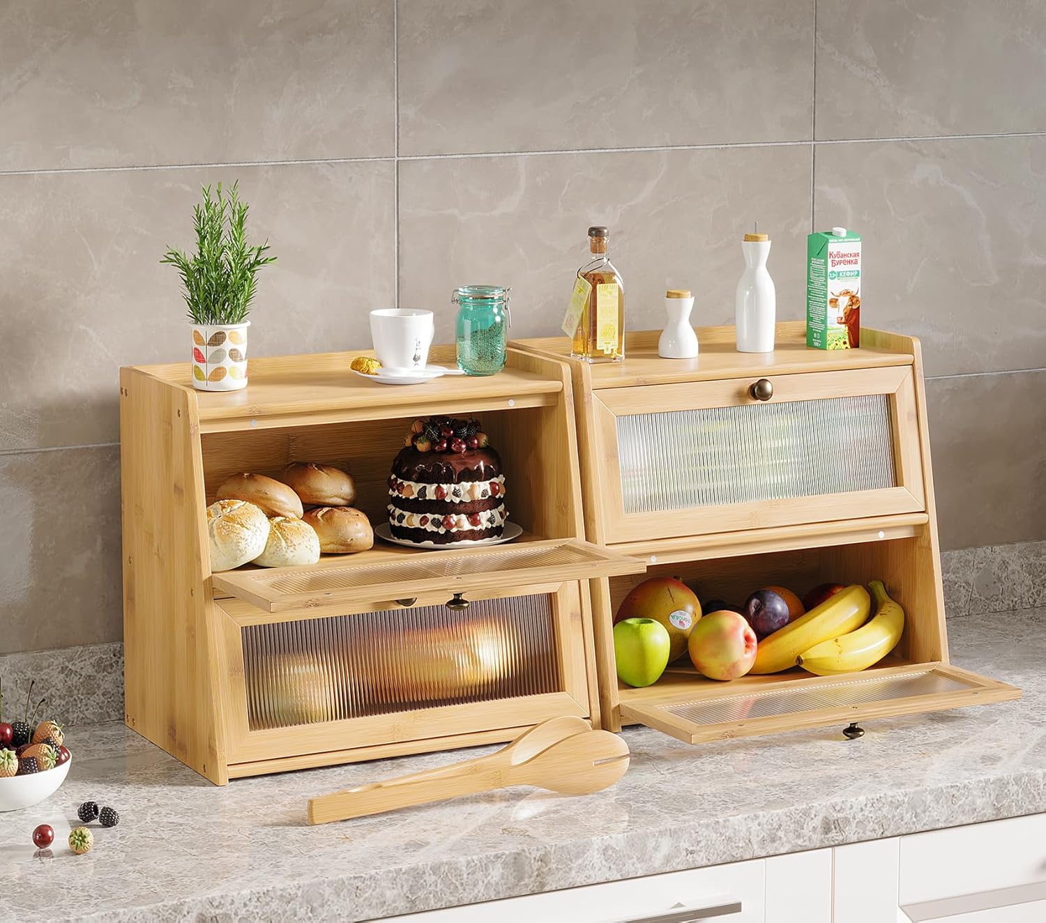K KELBEL Panera para encimera de cocina, contenedor de almacenamiento de pan de bambú de doble capa de madera de gran capacidad con soporte para pan