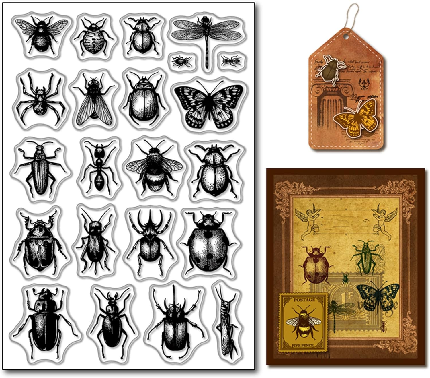 Arbuya Sellos transparentes de espécimen de insectos para hacer tarjetas o diario, sellos de goma de escarabajos de mariposa para manualidades,
