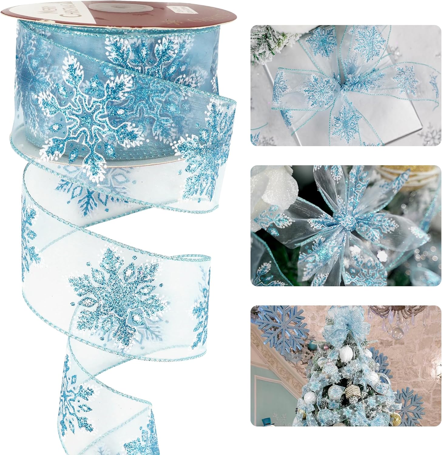 HUIHUANG Cinta de copo de nieve con purpurina, cinta de copo de nieve azul y blanca para árbol de Navidad, 2-12 pulgadas x 25 yardas, cinta de