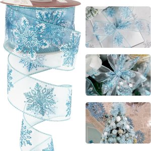 HUIHUANG Cinta de copo de nieve con purpurina, cinta de copo de nieve azul y blanca para árbol de Navidad, 2-12 pulgadas x 25 yardas, cinta de HUIHUANG Cinta de copo de nieve con purpurina, cinta de copo de nieve azul y blanca para árbol de Navidad, 2-12 pulgadas x 25 yardas, cinta de