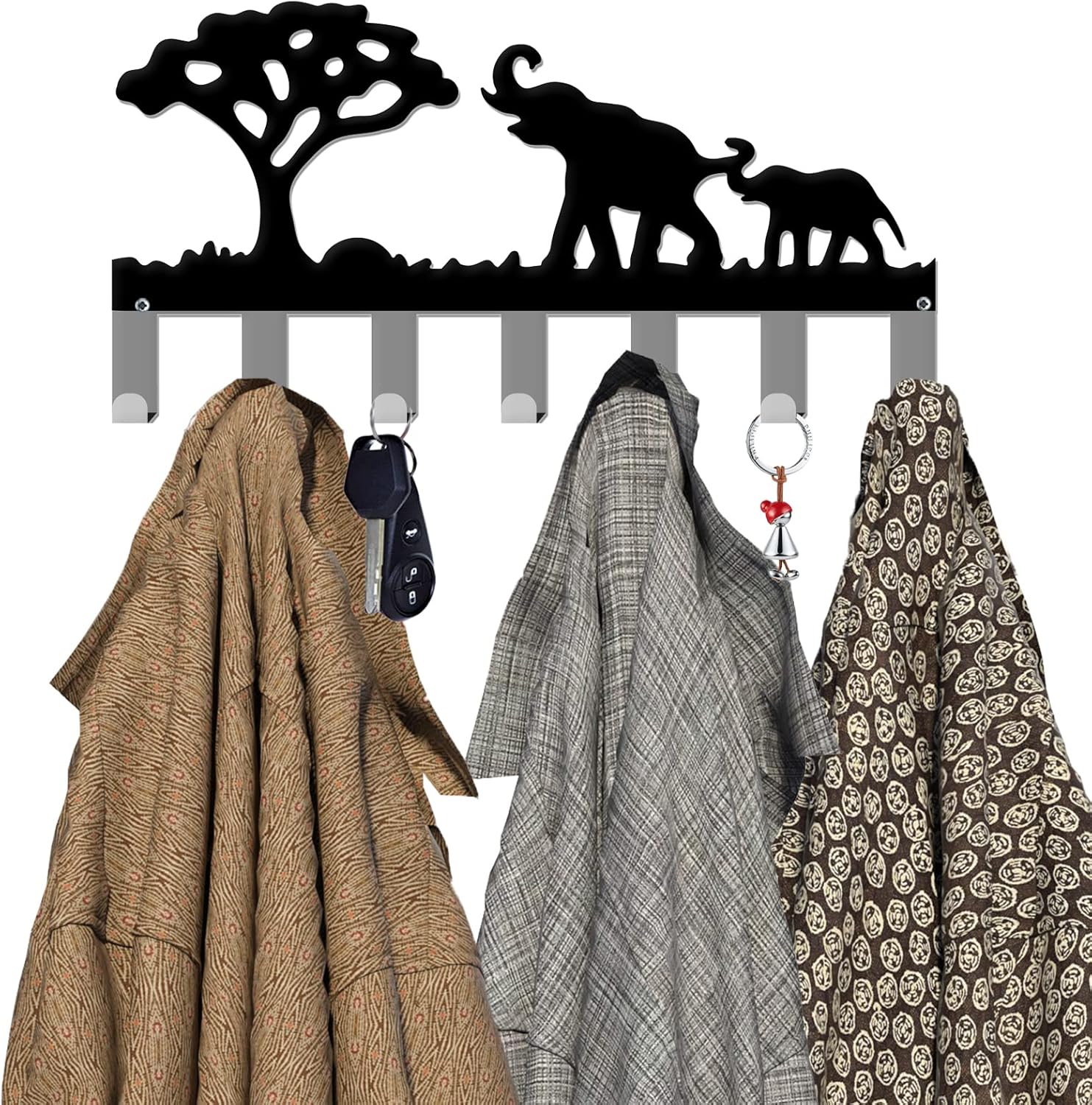 Soporte para llaves de elefante para pared, ganchos de metal para llaves montado en la pared con 7 ganchos, organizador negro para colgar en la