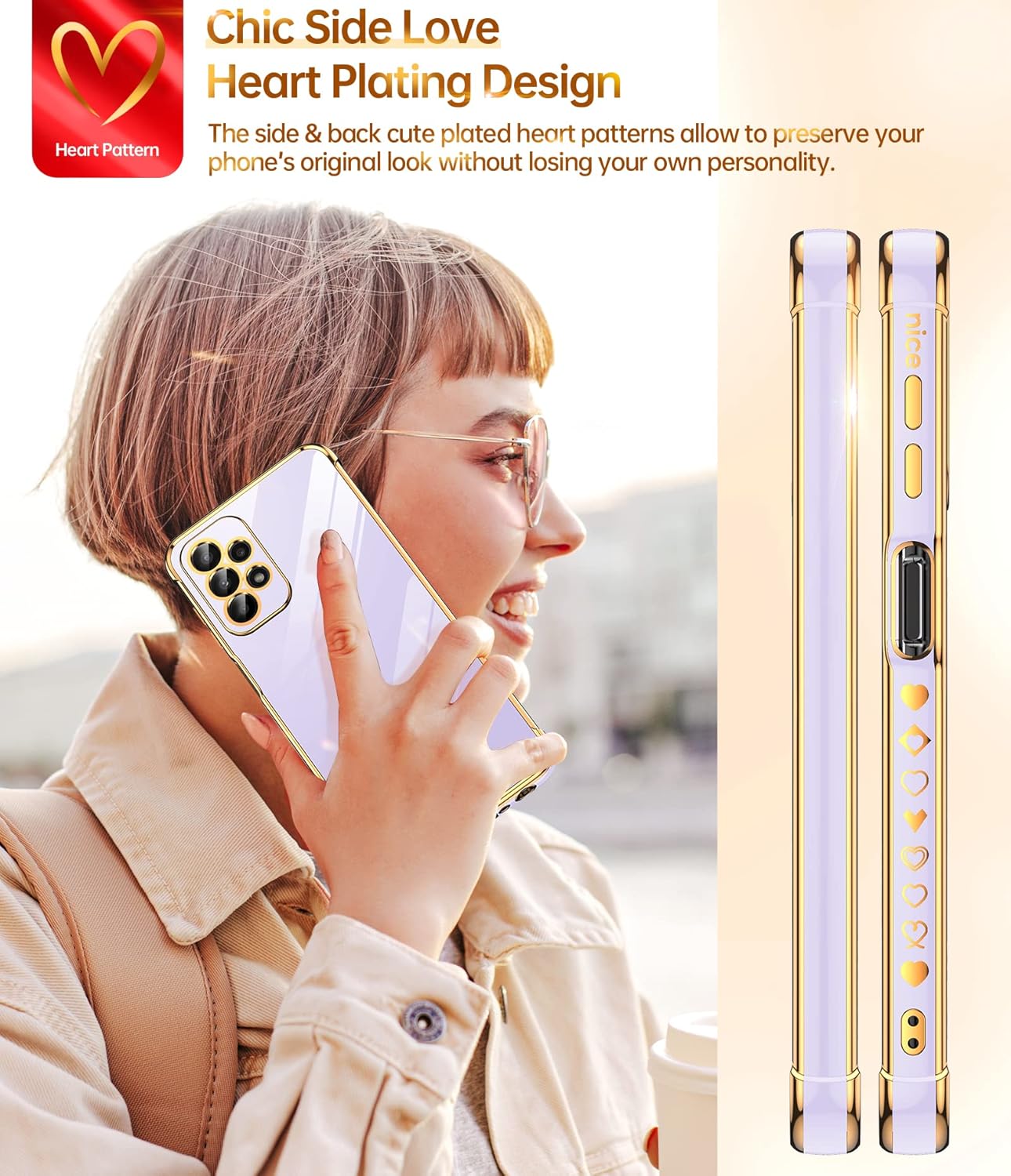 LeYi Funda para Samsung A23 5G con protector de pantalla 2 piezas + protección completa de la cámara, diseño femenino de corazón chapado en corazón,