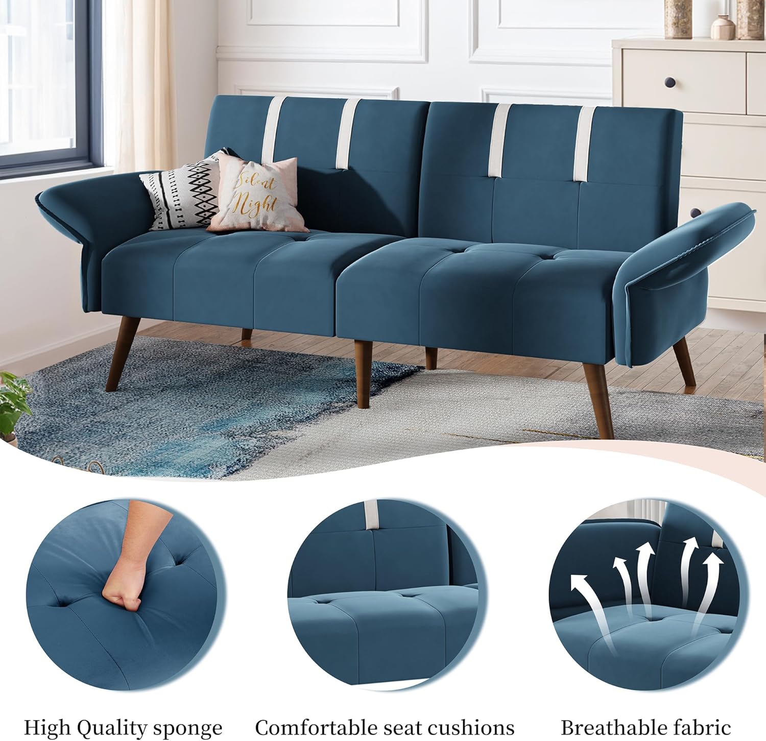 JAMFLY Sofá cama futón de terciopelo de 69 pulgadas, sofá cama convertible con reposabrazos y respaldo ajustables, moderno sofá biplaza para sala de