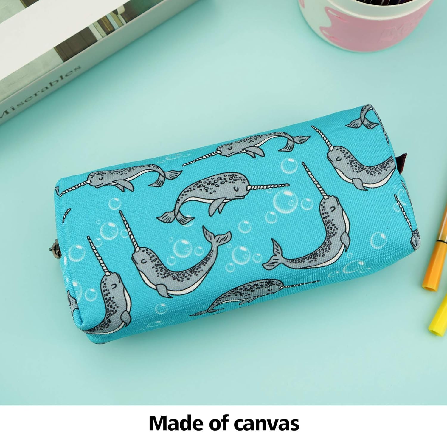 LParkin Lindo Narwhal lona lápiz caso pluma bolsa bolsa estacionaria gadget maquillaje cosméticos bolsa caja