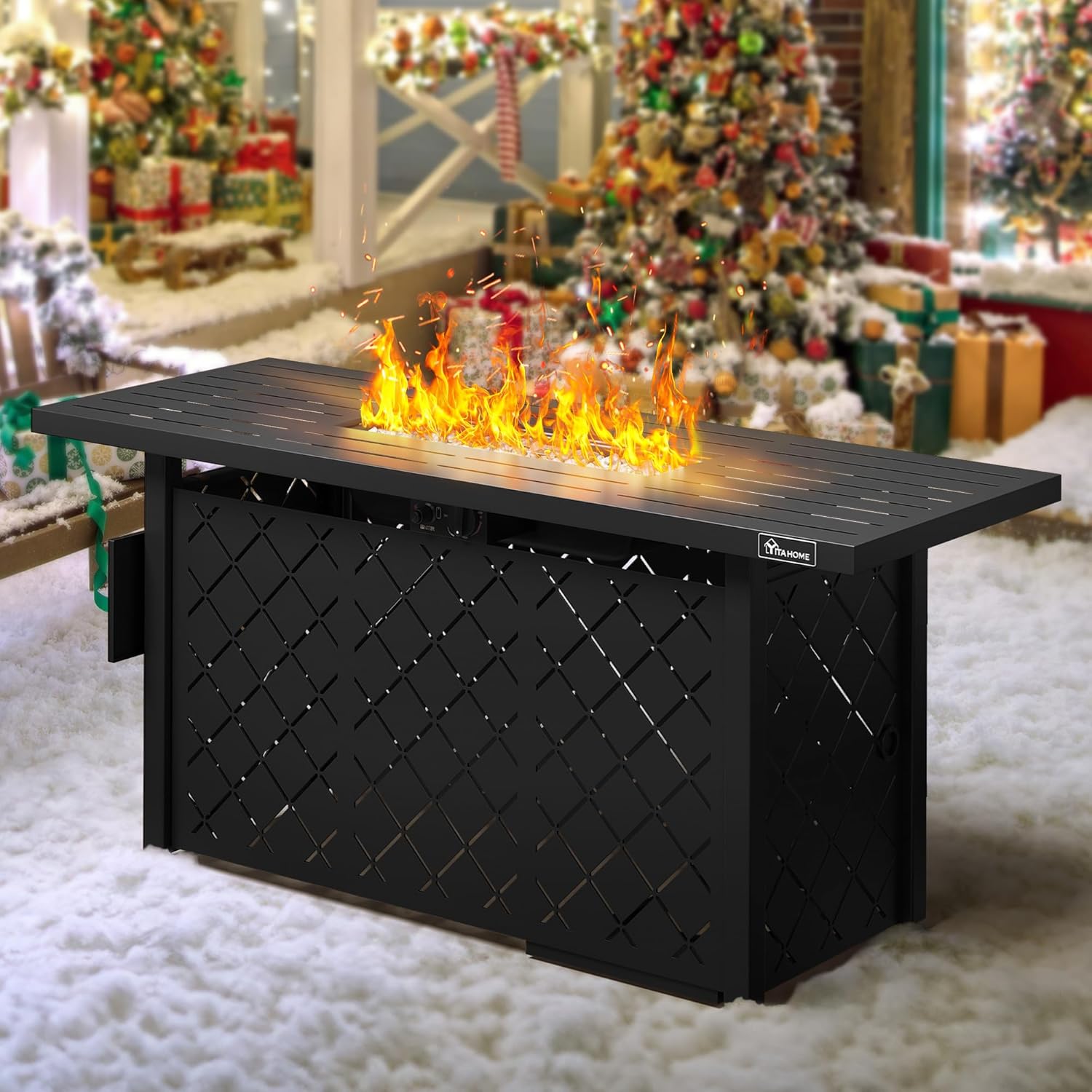 YITAHOME Mesa para fogata de propano de 57 pulgadas, hoguera de gas de 50,000 BTU con sistemas de encendido, mesa de hierro, roca de lava, cubierta,