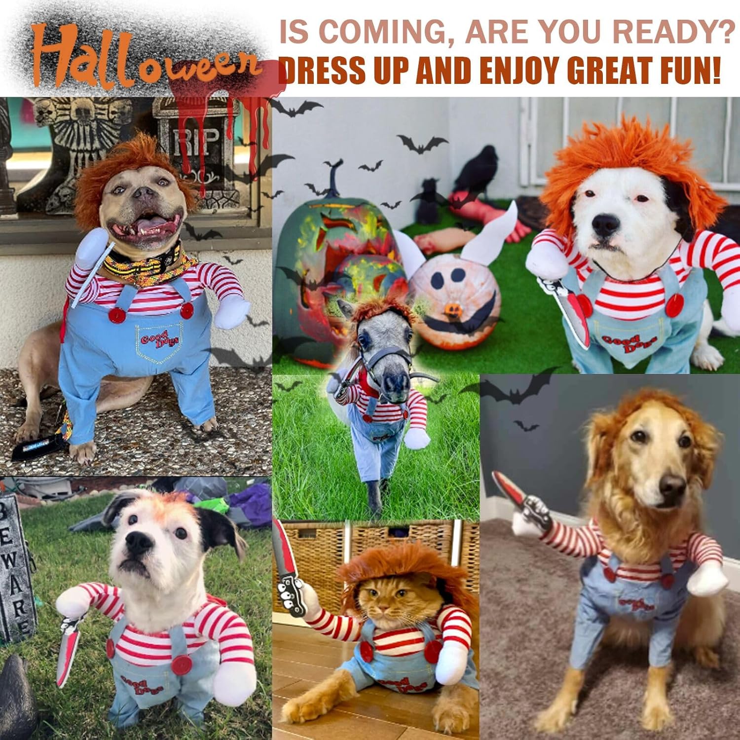 Disfraz de muñeca mortal para perro, divertido disfraz de Halloween para perro, ropa linda para perros pequeños, medianos y grandes, ropa de vestir