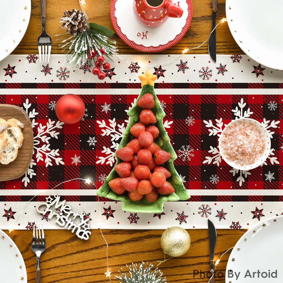 Artoid Mode Camino de mesa de Navidad con copos de nieve a cuadros, decoración de mesa de comedor de cocina de invierno para decoración de fiesta en