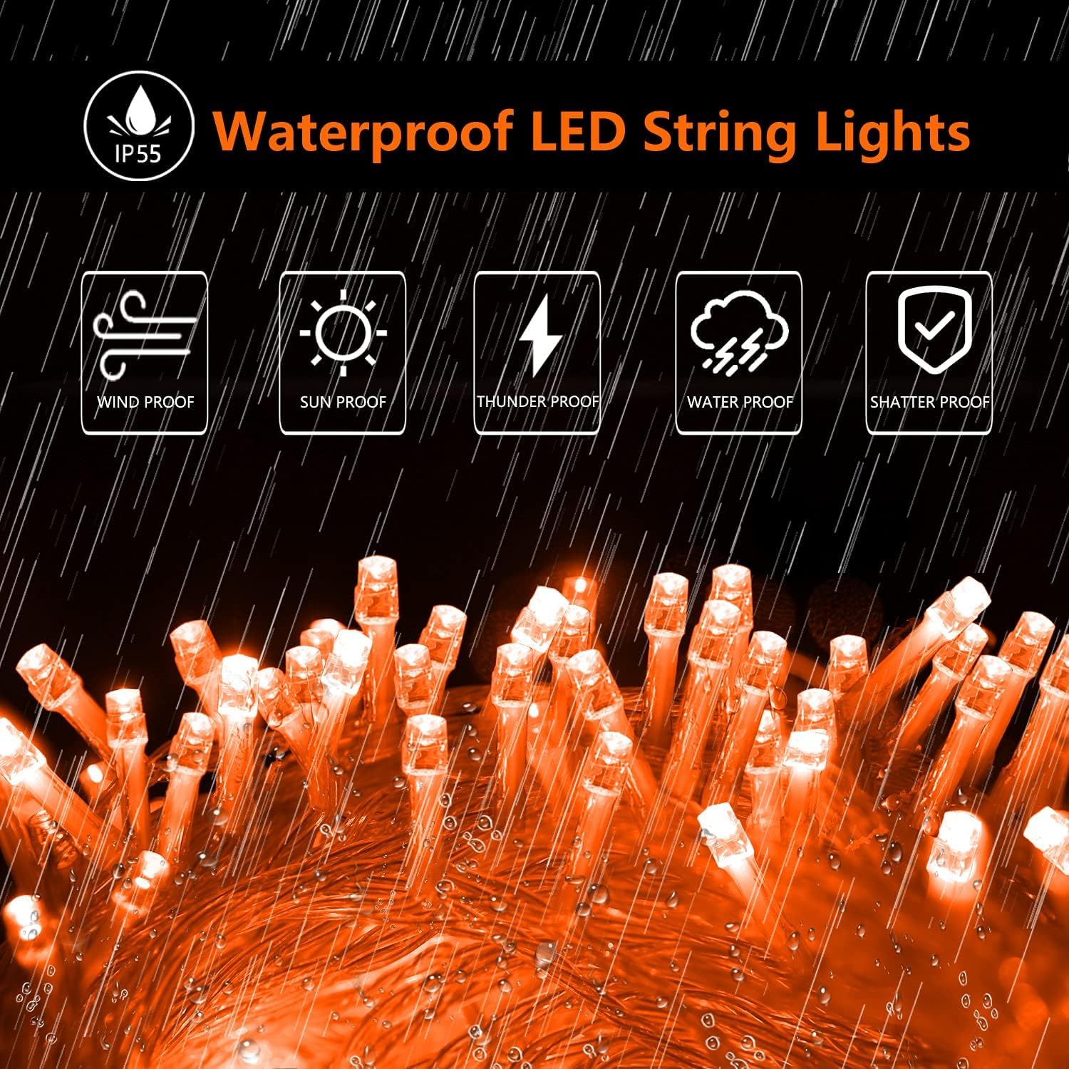Guirnalda de luces naranjas de Halloween, 200 luces LED de 66 pies, 8 modos, luces de Halloween, con certificación UL, conectables, para el hogar,