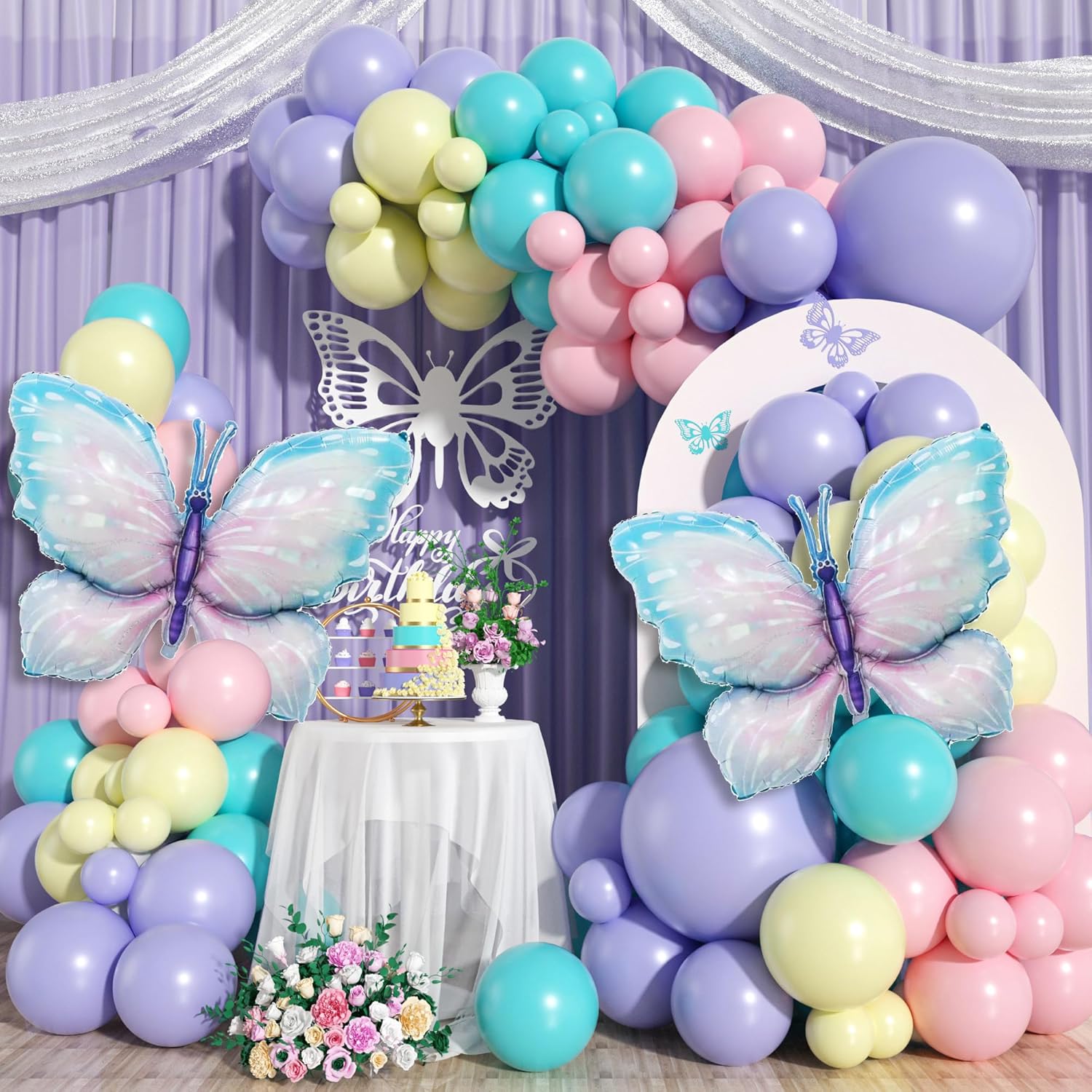 Kit de arco de guirnalda de globos de mariposa, 120 piezas de arco de guirnalda de globos morados, rosas y azules con 2 globos de aluminio de